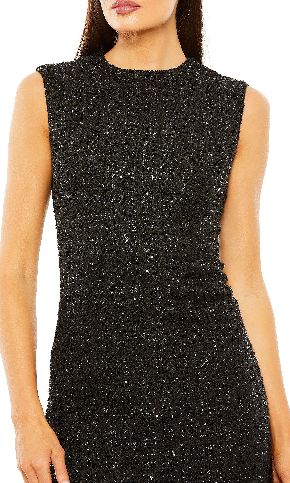 A woman wears the Mac Duggal 20784 Short Black Shimmer Party Dress, a fitted, sleeveless style with subtle sequin details. Her face is partially out of frame.