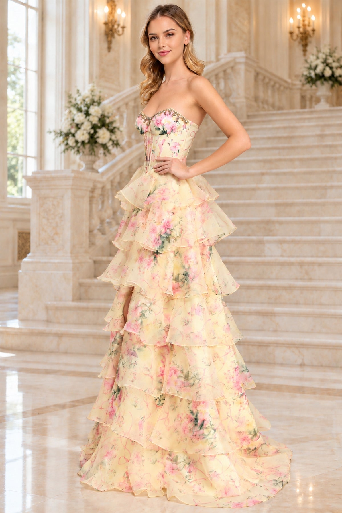 A woman in a yellow Amelia Couture 2092 strapless floral prom dress with a corset bodice and tiered ruffles stands before a grand staircase.