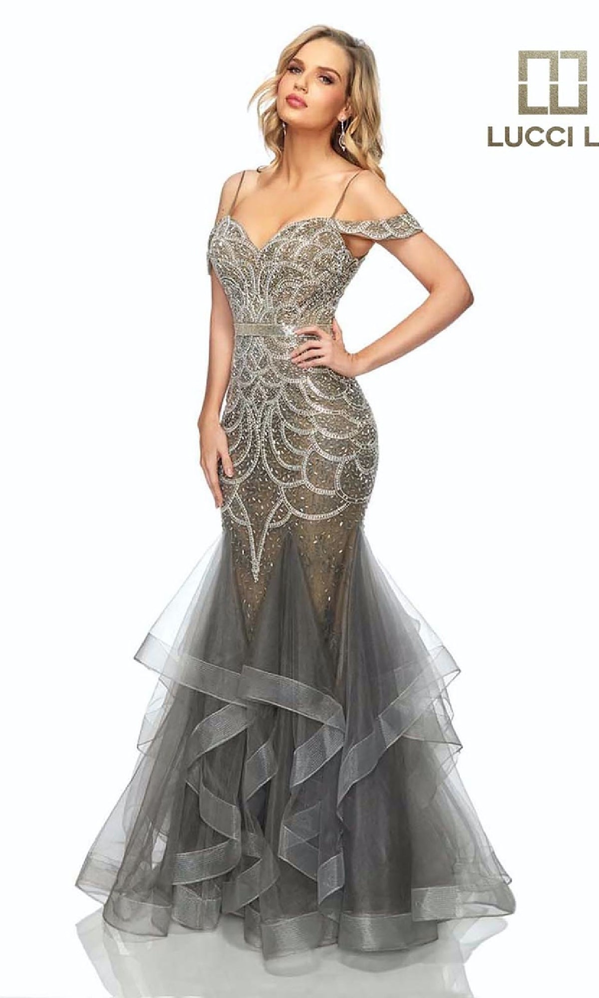 A woman models the Open-Back Beaded Mermaid Prom Dress (Lucci Lu 2147), featuring a beaded lace, off-the-shoulder embellished bodice and sheer layered tulle skirt; Lucci Lu logo appears in the upper right corner.