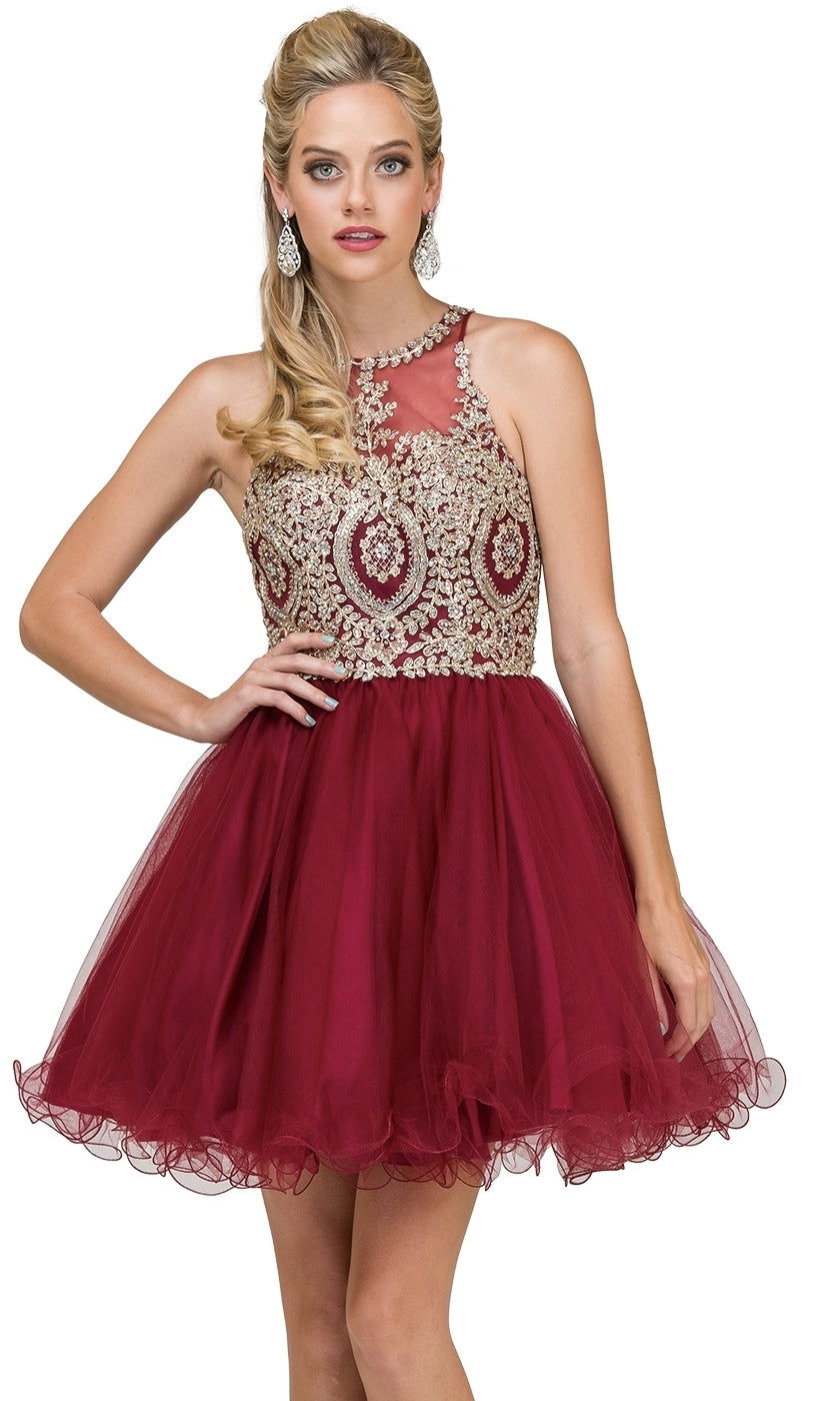 A woman poses against a white background wearing the Beaded Embroidered Lace Short Babydoll Party Dress in burgundy, featuring a gold embroidered beaded bodice and a tulle skirt.