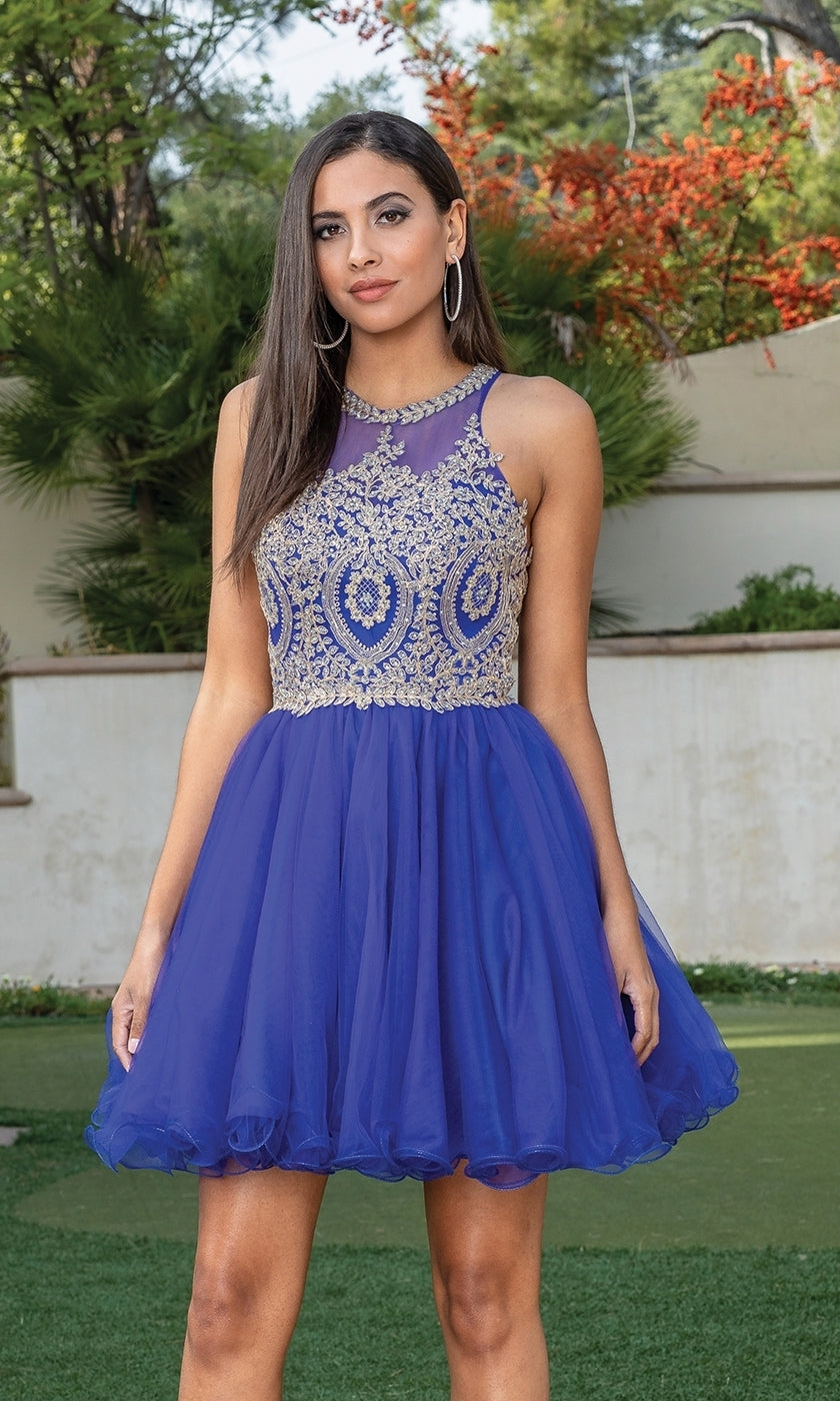 A woman poses outdoors in the Beaded Embroidered Lace Short Babydoll Party Dress, featuring a sleeveless design, intricate gold beading and embroidery on the bodice, and a flared royal blue tulle skirt.