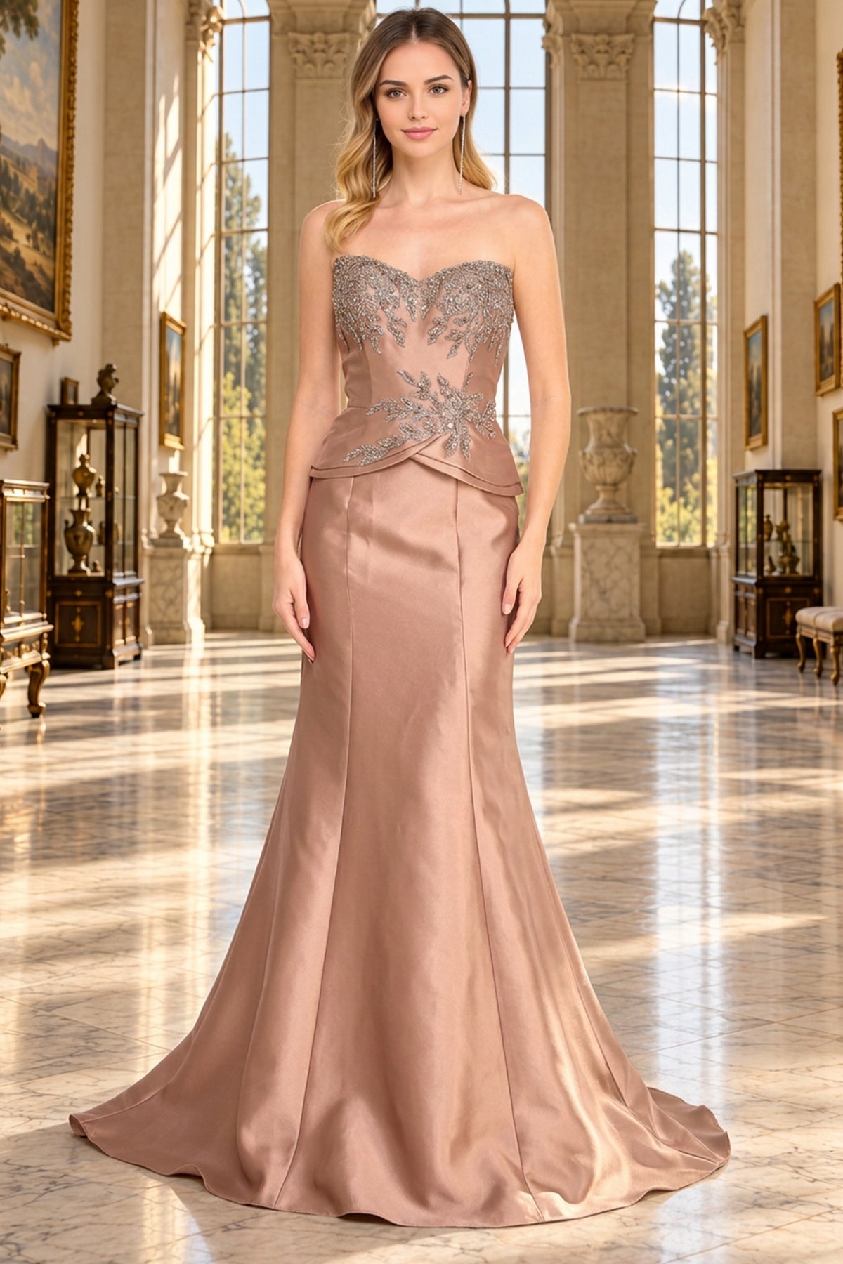 Amelia Couture 2162 mocha-colored strapless evening gown with a beaded bodice and a peplum waist.