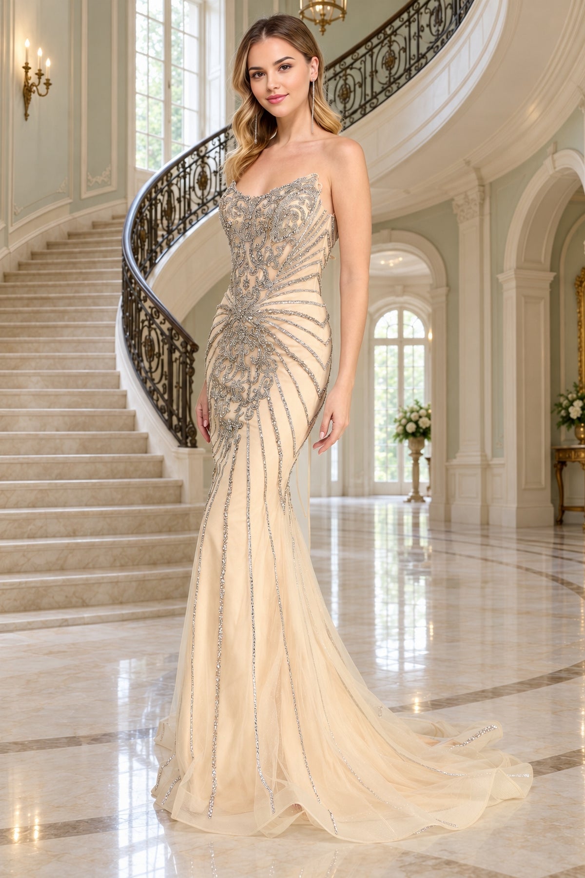 Amelia Couture 2165 strapless champagne-colored mermaid prom dress with an embellished bodice and flared skirt, standing in a grand foyer with a curved staircase.
