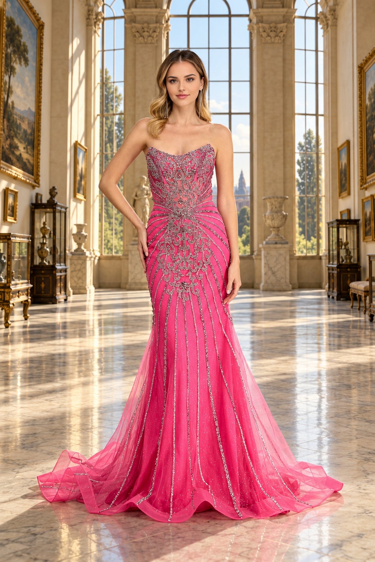 Amelia Couture 2165 is a strapless, floor-length fuchsia beaded prom dress with intricate silver beadwork and a flared tulle mermaid skirt.