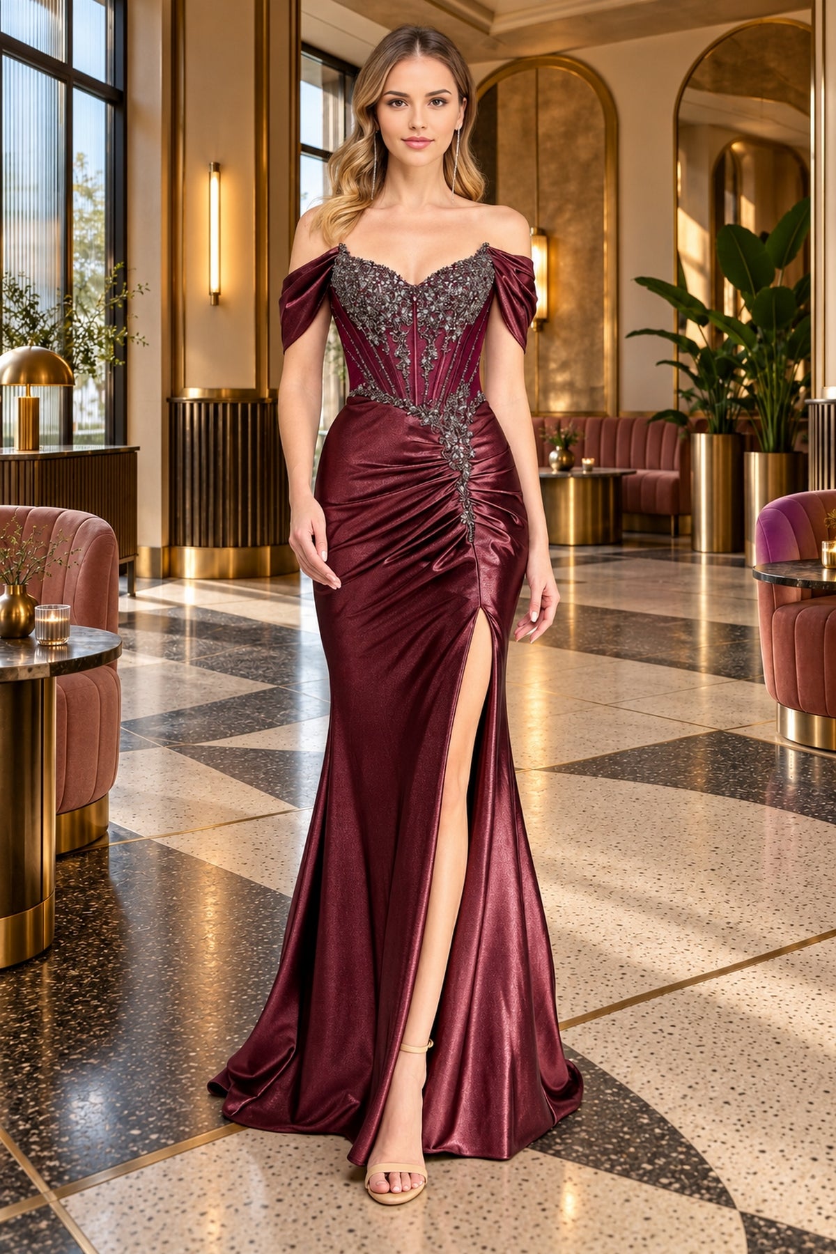 A woman wears a plum-colored Amelia Couture 2166 floor-length off-the-shoulder gown, featuring a beaded corset bodice and a high leg slit.