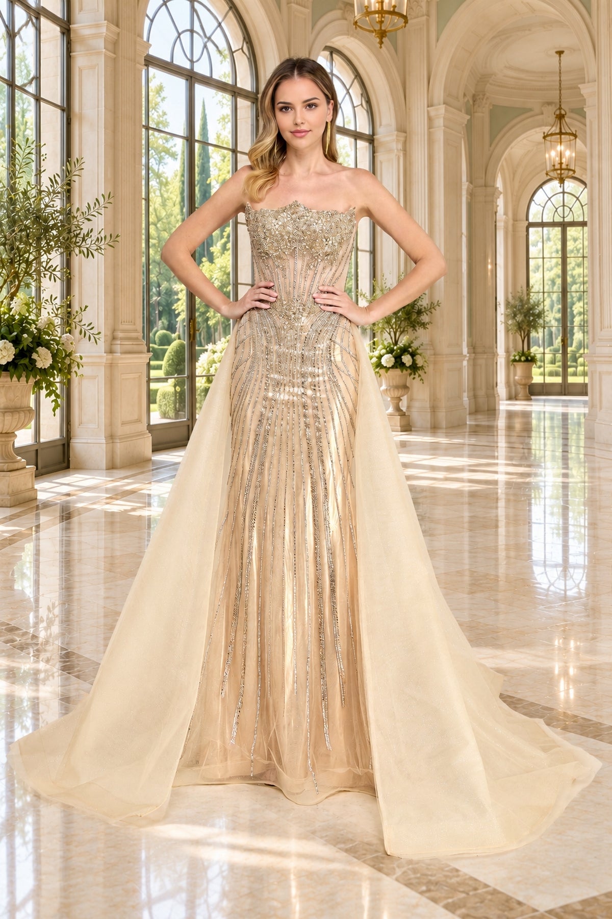Amelia Couture 2172 champagne-colored beaded prom dress with a strapless bodice and a detachable tulle overskirt.