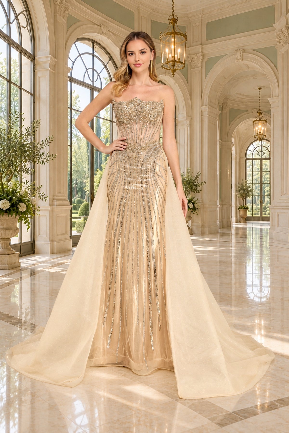Amelia Couture 2172 strapless champagne prom dress with a sheer bodice, intricate beadwork, and vertical crystal lines flowing into a floor-length skirt.