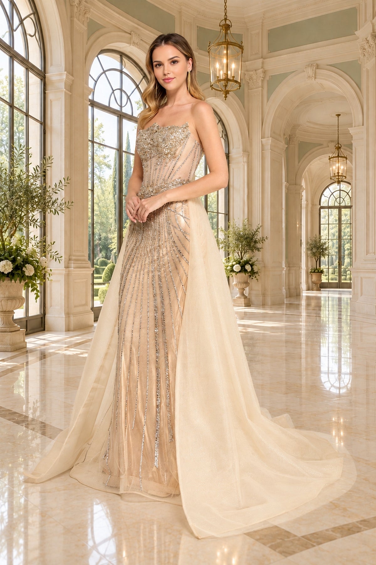 Amelia Couture 2172 long prom dress in champagne, featuring a strapless sweetheart neckline, gold beading, and a sheer detachable overskirt.