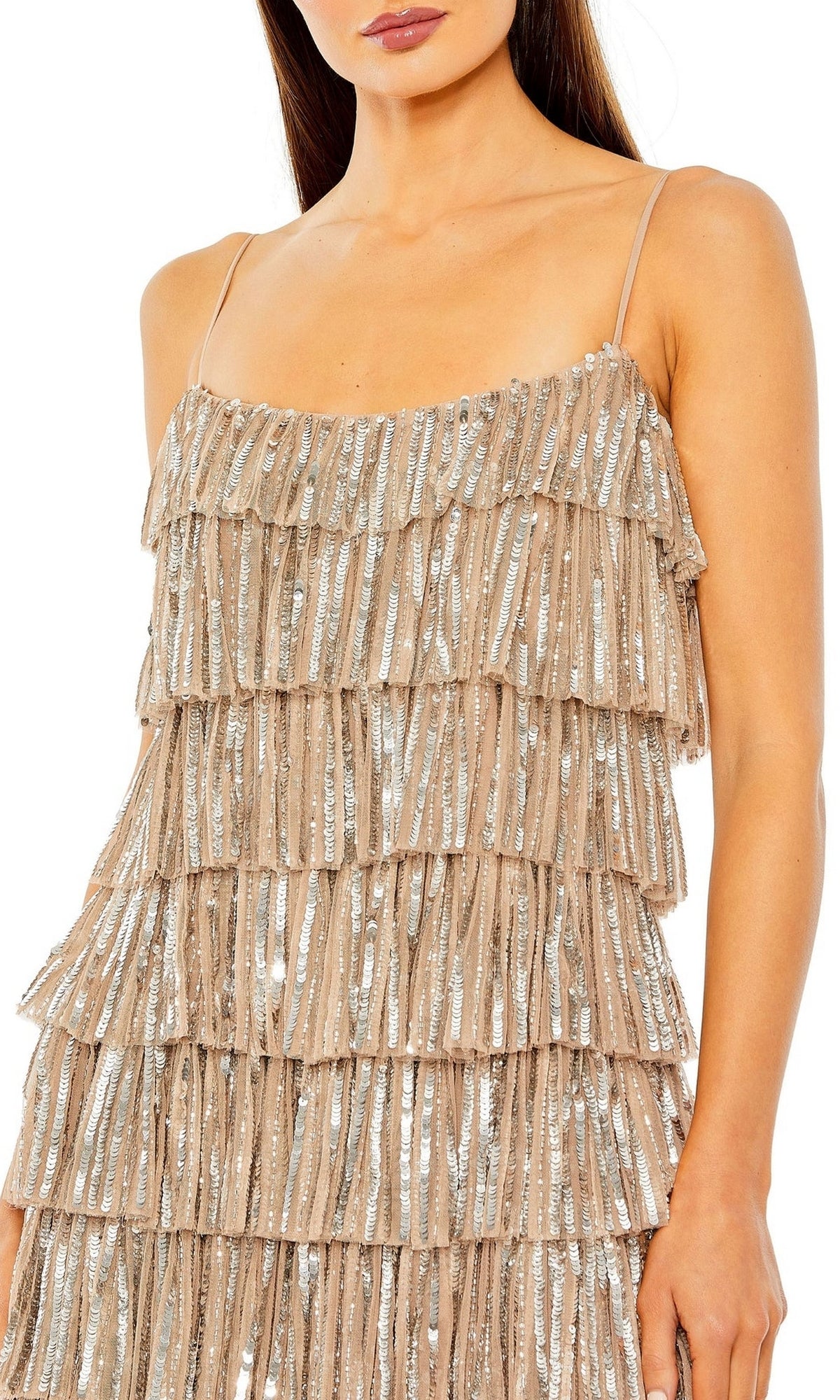 Woman in a beige Mac Duggal 23001 short ruffled semi-formal dress with spaghetti straps and silver sequin accents. Only the upper body is visible.