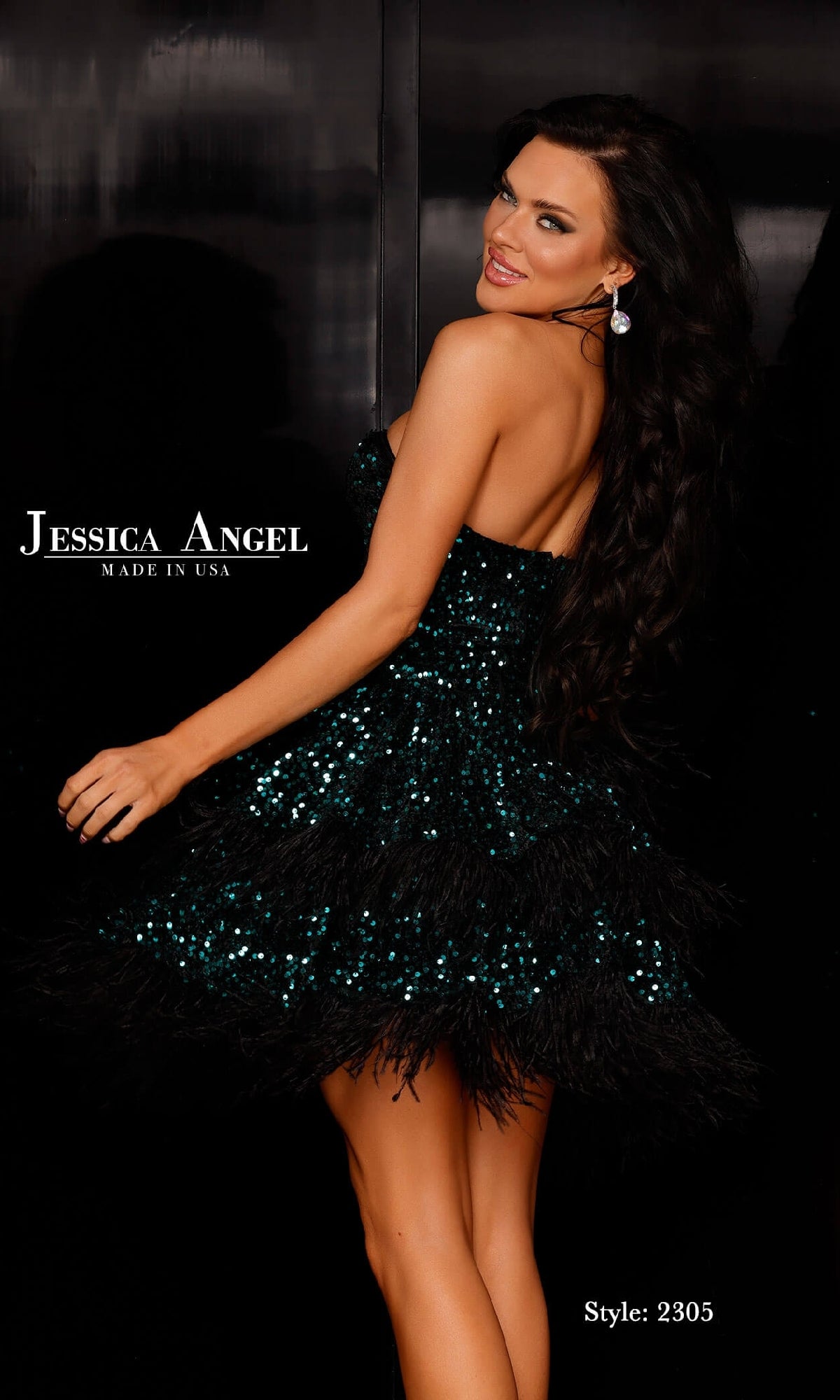 A woman poses against a black background in the Strapless Sequin Hoco Dress: Jessica Angel 2305, featuring sequins and dark green and black feathers. Text reads