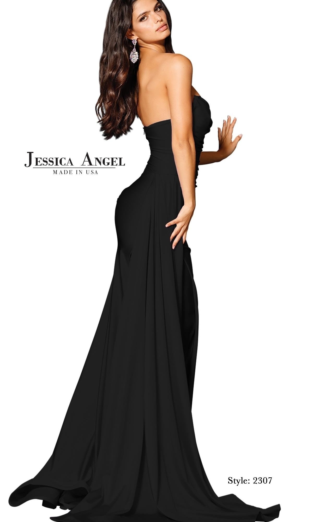 Woman wearing Strapless Long Sexy Prom Dress: Jessica Angel 2307—a black, floor-length formal gown with a long train. White background.