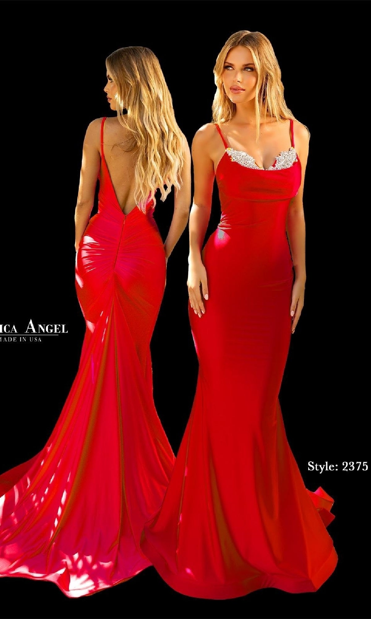 Two views of a woman in the Jessica Angel 2375 Beaded-Neck Long Prom Dress, a fitted floor-length red mermaid gown with thin straps, beaded cowl neckline, ruched low open back, and an elegant train.