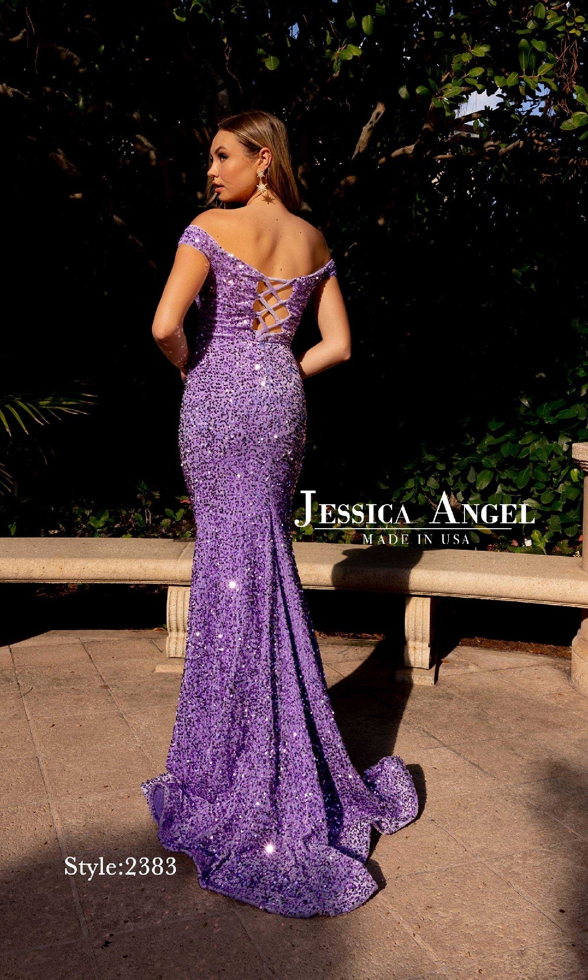 A woman outdoors wears a fitted, off-the-shoulder purple Lace-Up Long Sequin Prom Dress: Jessica Angel 2383, featuring a sequin design and lace-up back. The dress label and style number 2383 are visible.
