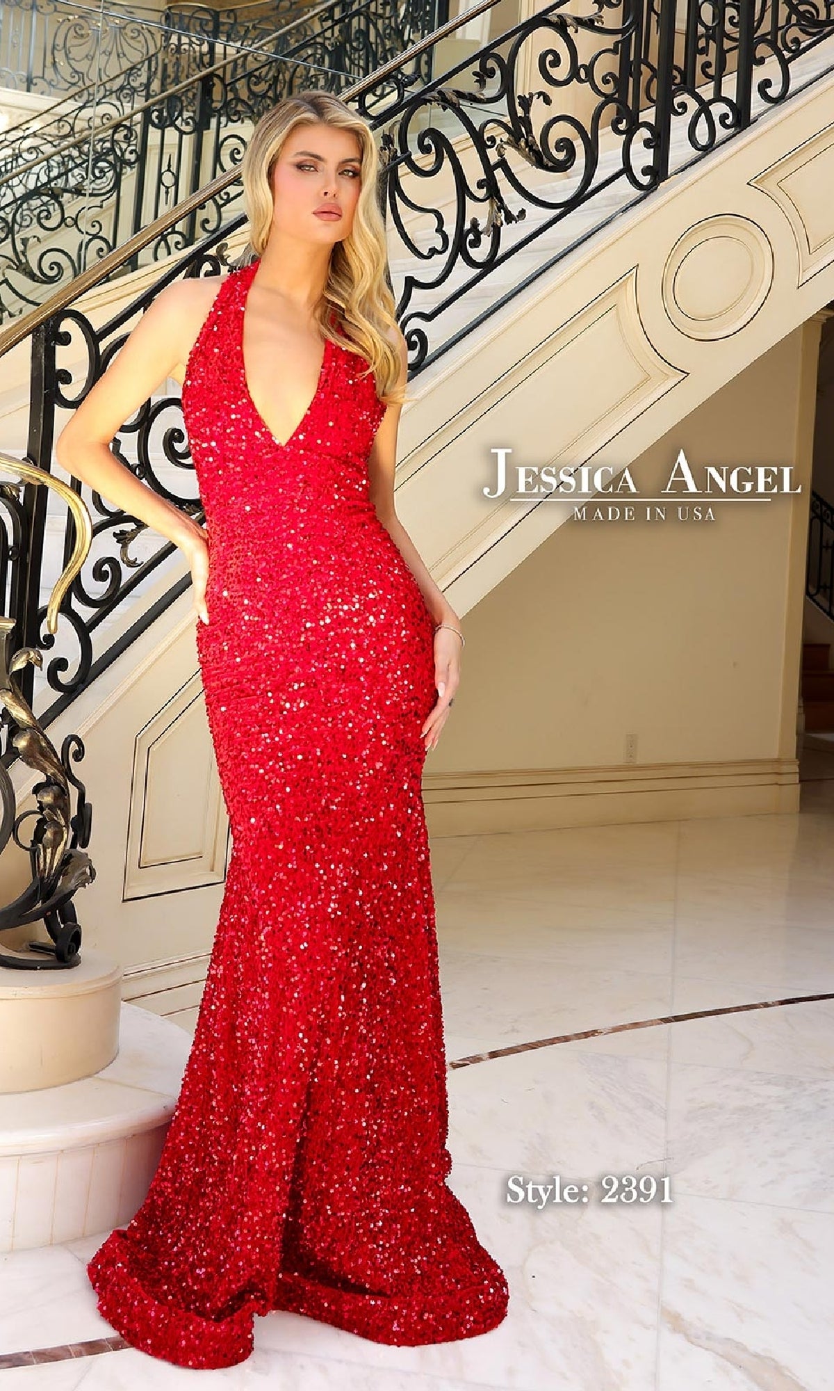 A woman in the Long Sequin Halter Prom Dress: Jessica Angel 2391 stands by an ornate staircase. Text reads