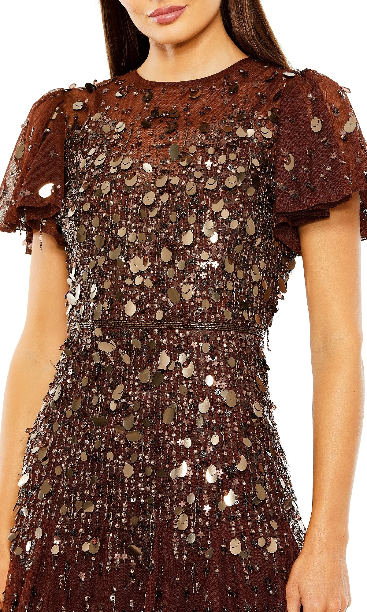 Woman in the Brown Tea-Length Party Dress: Mac Duggal 24018, featuring shimmering metallic sequins for a stunning cocktail look.