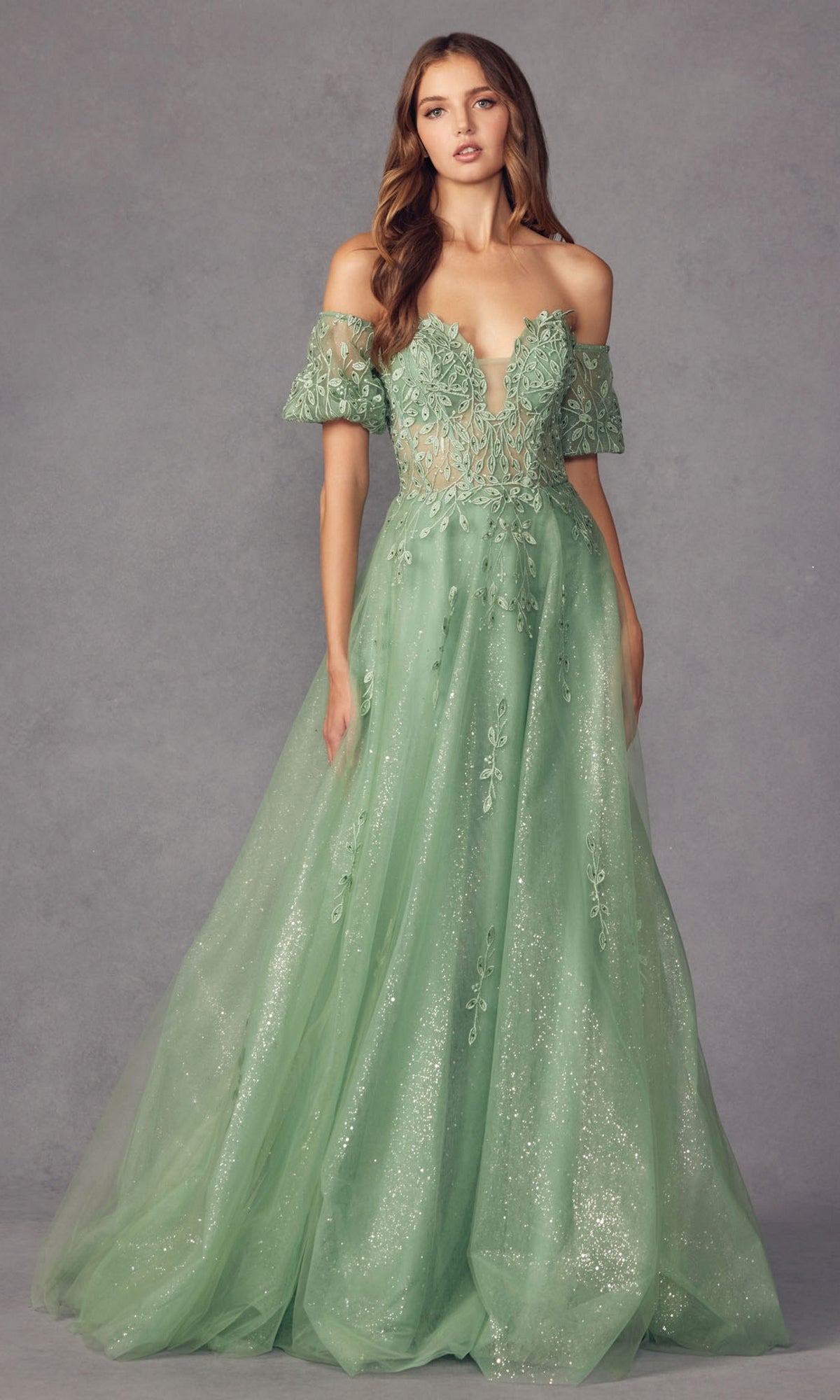 Puff-Sleeve Strapless Glitter Prom Ball Gown 2409