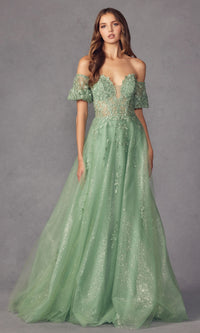 Puff-Sleeve Strapless Glitter Prom Ball Gown 2409