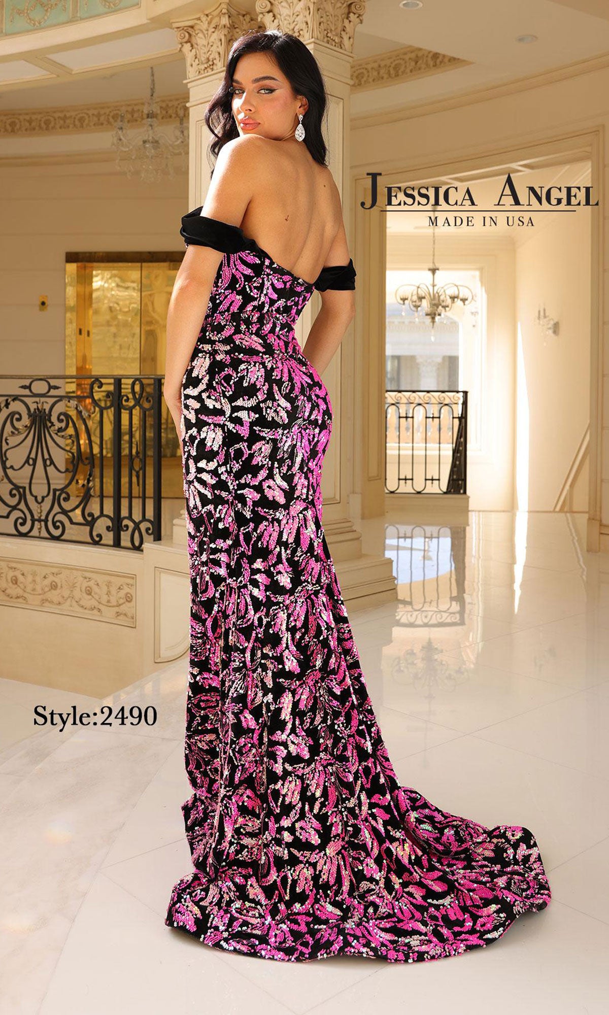 A woman models the Long Sequin Print Prom Dress: Jessica Angel 2490, a floor-length gown with an off-the-shoulder design and bold pink and black sequin leaf pattern.
