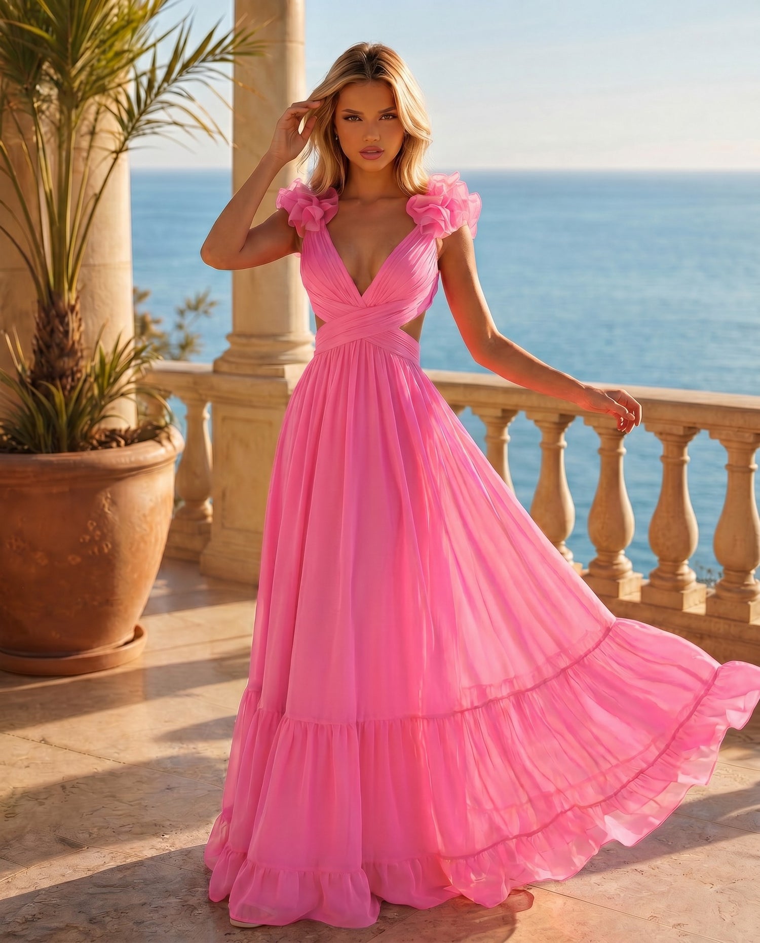 A woman in a bright pink Long Prom Dress with Ruffle Straps (PromGirl Exclusive) stands on a marble terrace with a balustrade, overlooking the ocean on a sunny day.