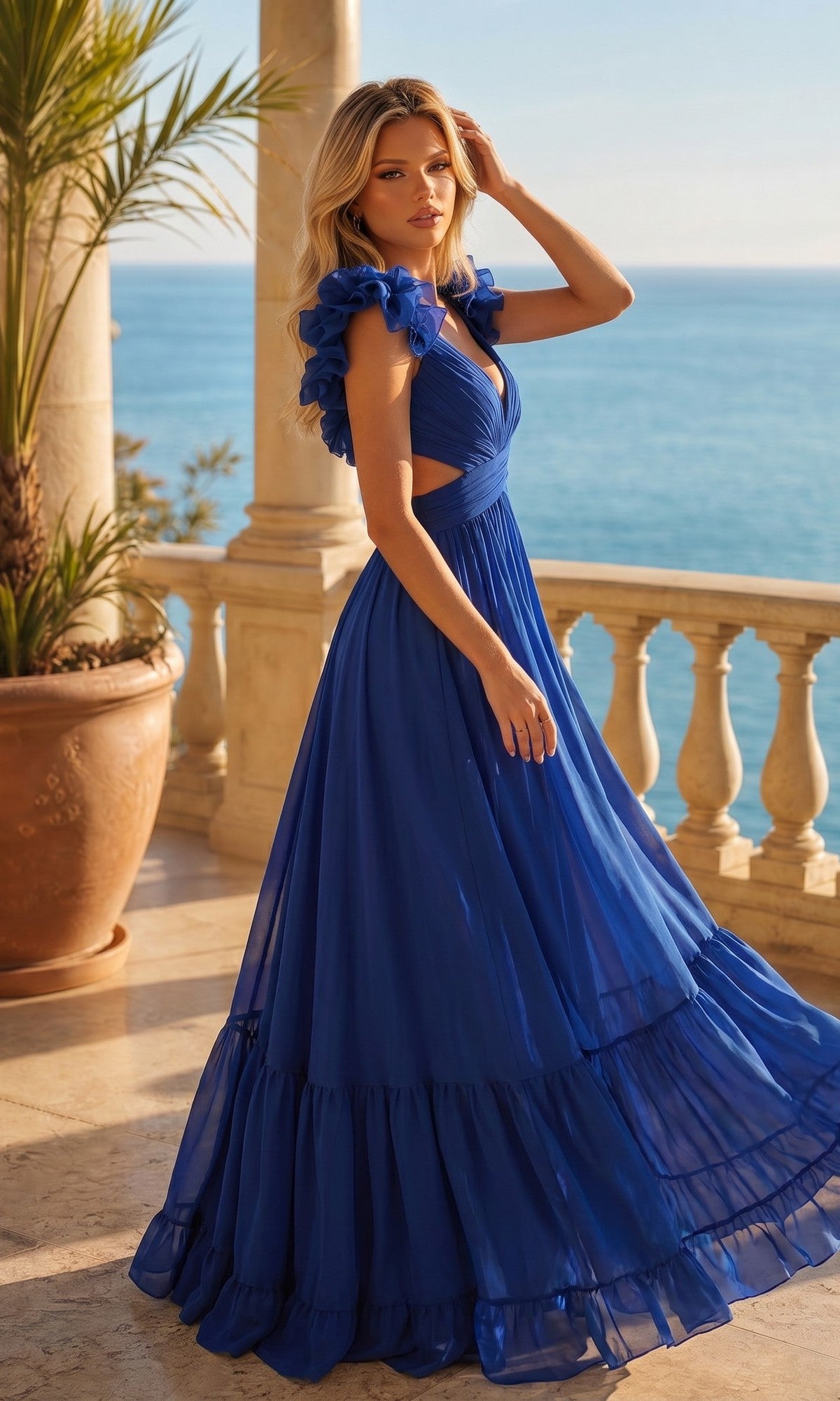 A woman in a navy Long Prom Dress with Ruffle Straps—PromGirl Exclusive—stands on a stone terrace with potted plants, overlooking the ocean on a sunny day.