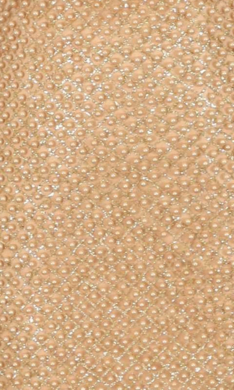 Close up of a champagne colored dress fabric with pearl embellishments.