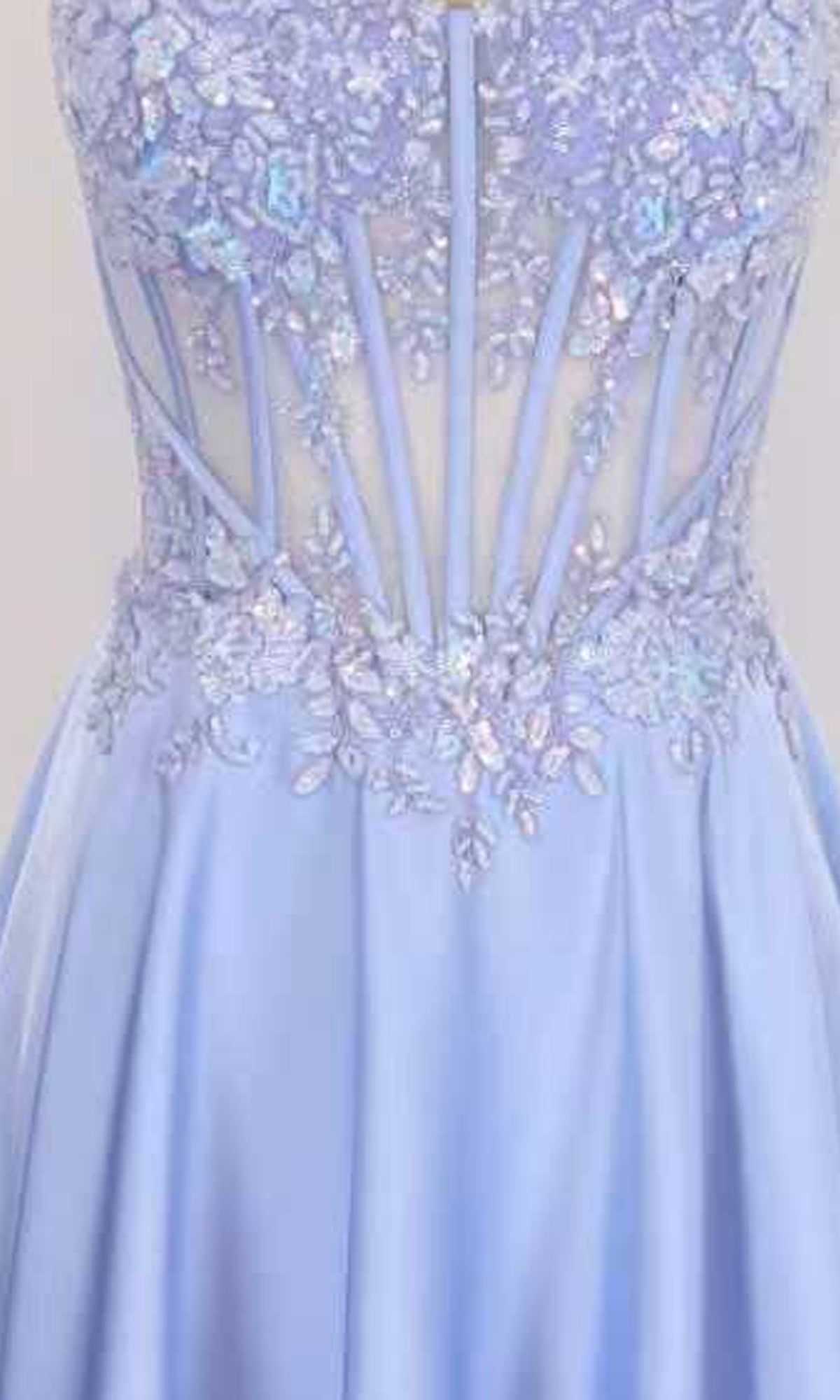 Light blue evening gown with sequin embellishments on a plain background