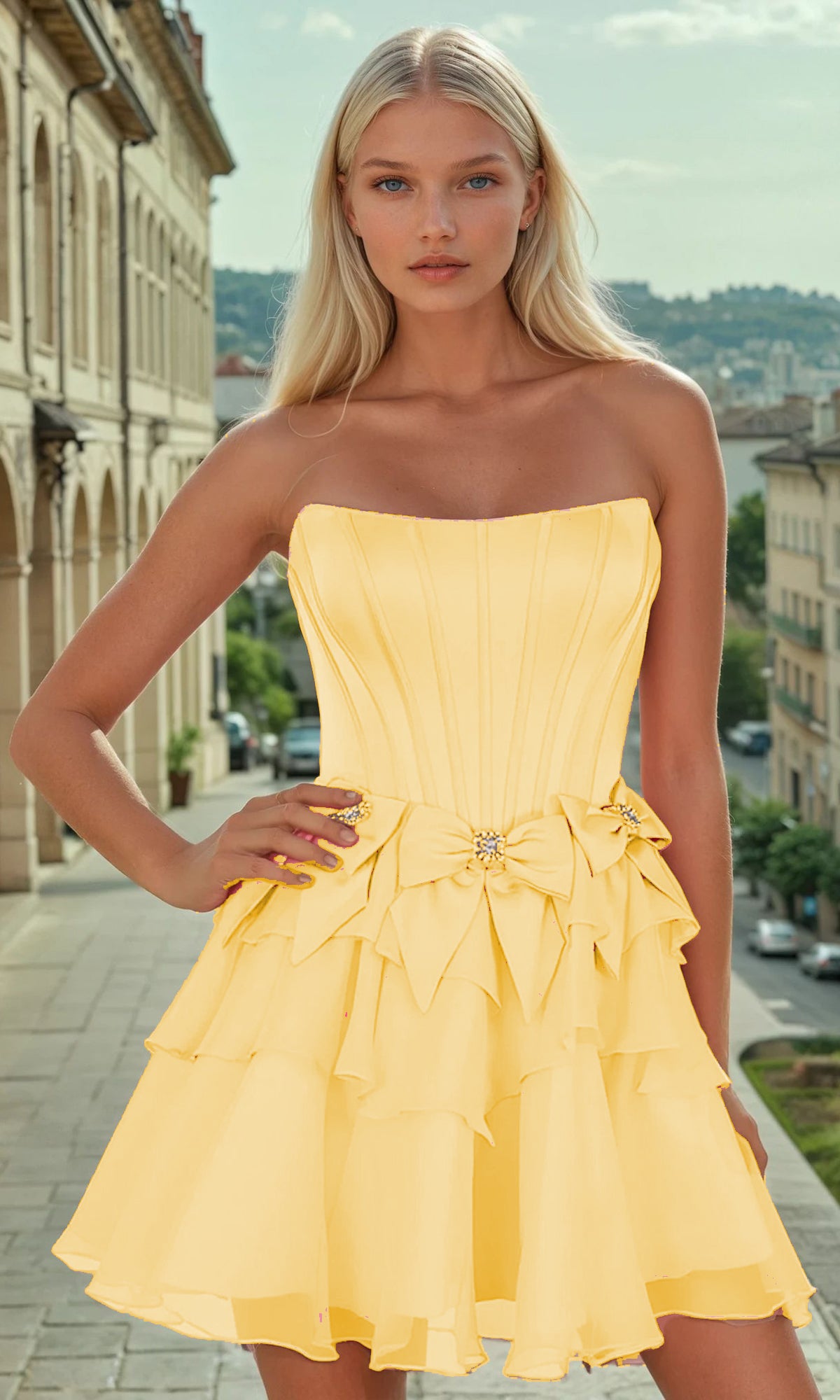 Woman wearing a yellow short strapless dress with bows and ruffles, on a city street.