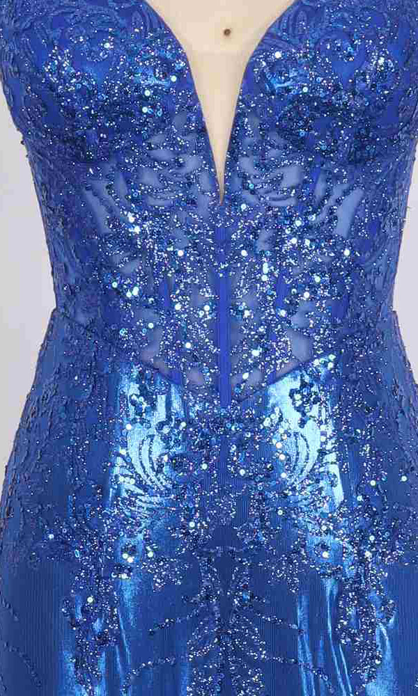 Close-up of the upper part of the PromGirl Exclusive 250251 long prom dress, showcasing a blue, sequined design with a plunging neckline and detailed beadwork.