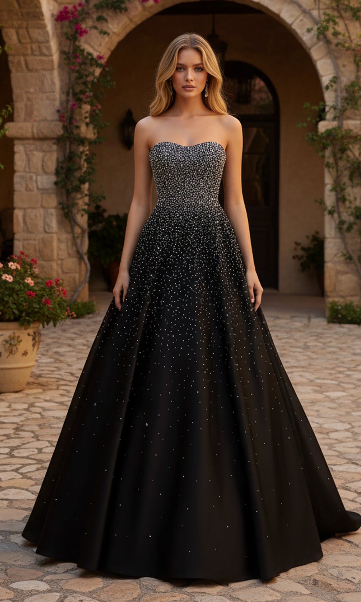 A woman stands outdoors among stone walls and potted plants, wearing the PromGirl Exclusive 250297: a black strapless satin long prom dress with an A-line skirt and rhinestone pearl embellishments.