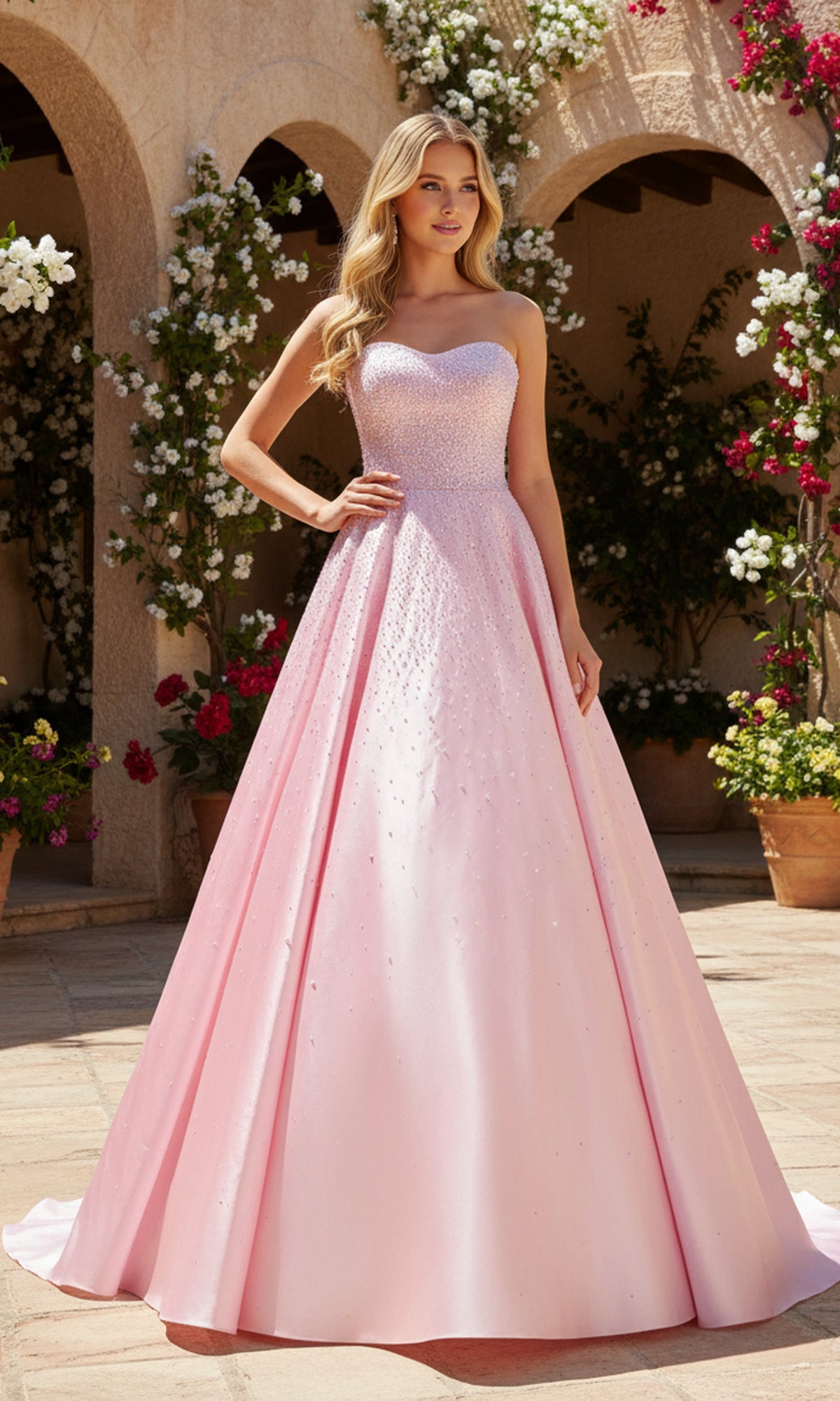 A woman in a pink strapless satin PromGirl Exclusive 250297 prom dress with rhinestone embellishments stands outdoors on a stone patio, surrounded by potted plants and flowering vines.