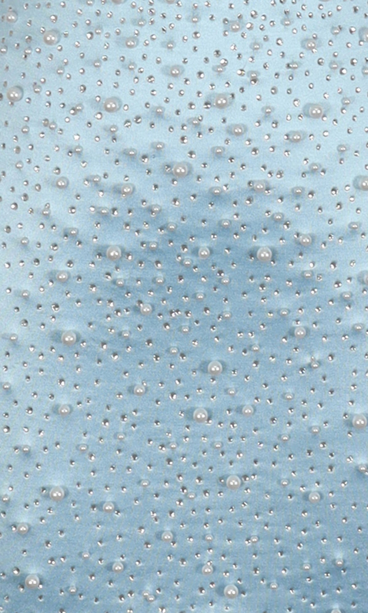 The Mini Beaded Hoco Dress: PromGirl Exclusive 250340 features light blue fabric embellished with small pearl-like beads for a textured, chic mini homecoming style.