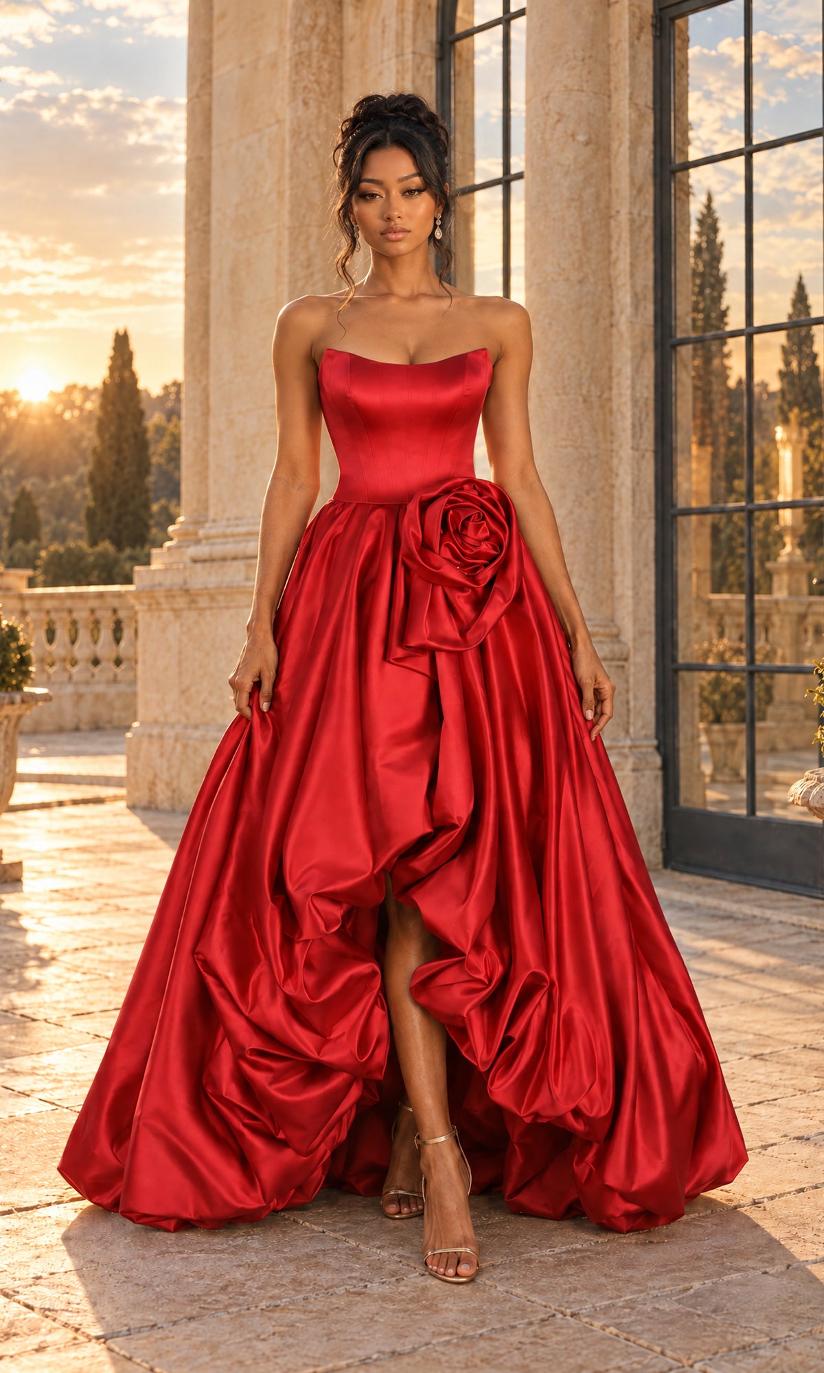 A woman stands outside, wearing the PromGirl 250350 Rosette Bubble-Hem Prom Ball Gown in red—a strapless high-low gown with a dramatic rose detail, satin bodice, and chic lace-up back—paired with strappy heels. Stone columns and trees can be seen in the background.