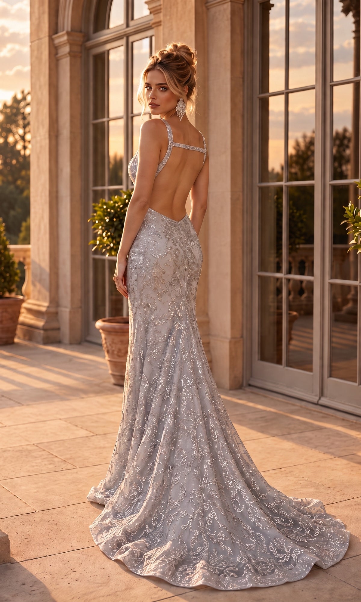 A woman wearing the Low V-Neck Long Sequin Prom Dress (PromGirl 250355) in silver stands on a terrace with large windows and potted plants, looking over her shoulder.