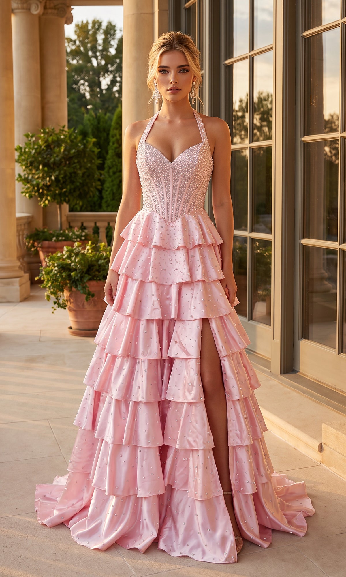 A woman wearing the Halter Corset Satin Prom Ball Gown: PromGirl 250358—featuring a pearl-embellished bodice and a pink tiered ruffle skirt with a high slit—stands on a terrace by large windows and potted plants.