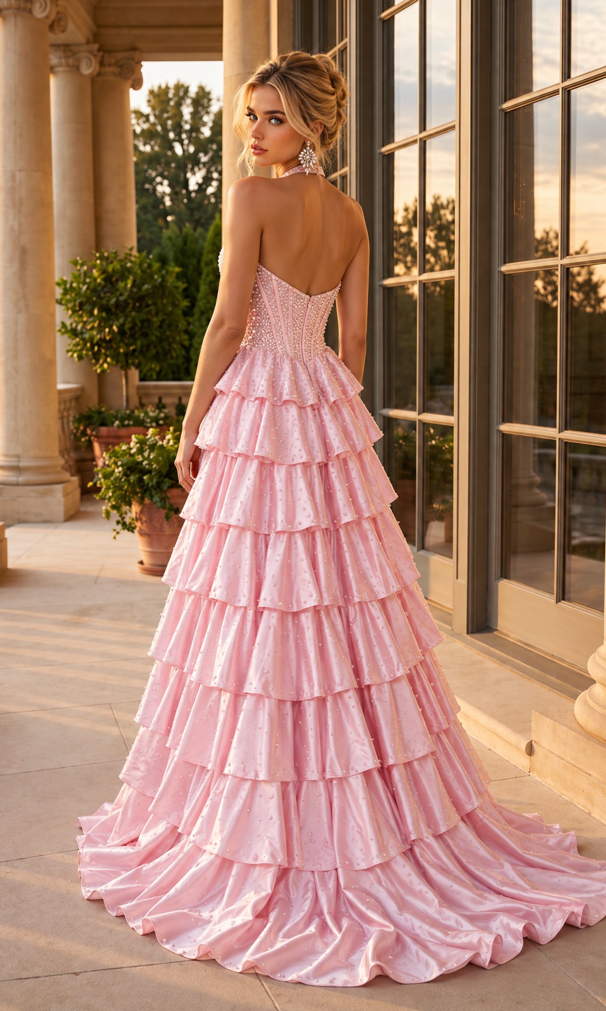 A woman in the Halter Corset Satin Prom Ball Gown (PromGirl 250358) stands on a stone terrace with columned architecture and large windows at sunset, elegantly showcasing its lustrous satin fabric and sculpted corset silhouette.