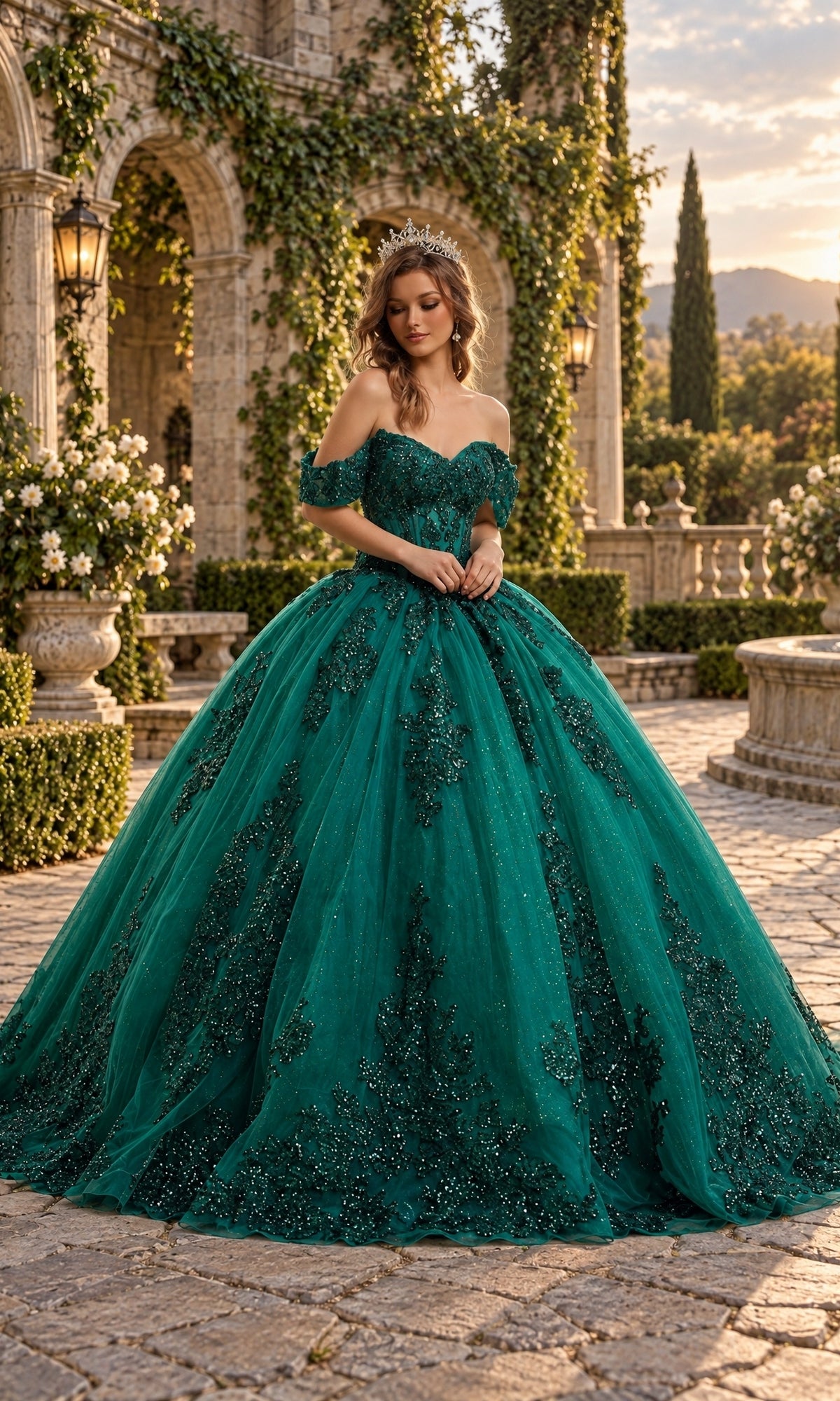 A person wearing a Stella Couture 25463 quinceañera dress with an off-the-shoulder neckline, intricate beaded lace appliques, and a crown, standing in an outdoor courtyard.