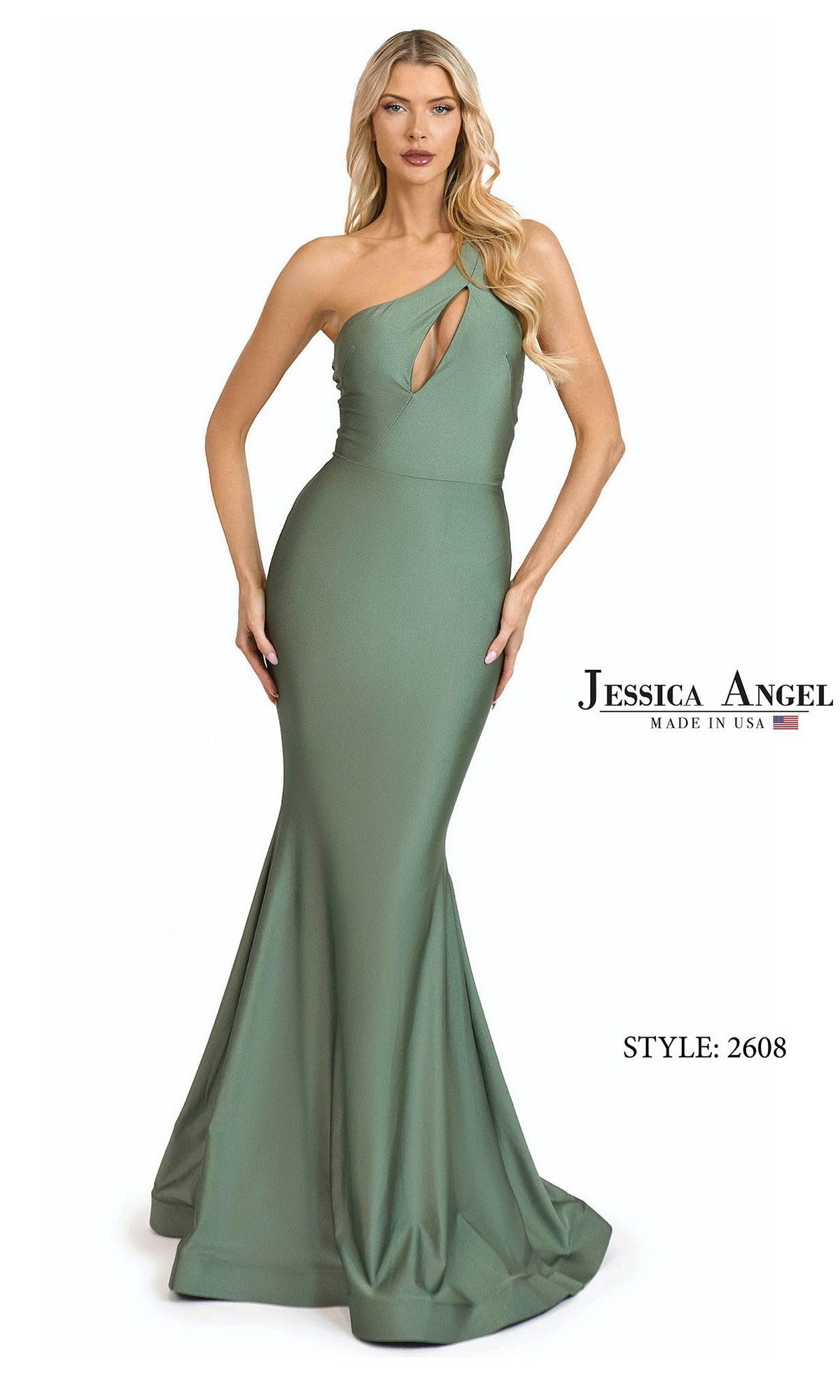 A woman wears a rust olive, one-shoulder Long Prom Dress: Jessica Angel 2608 featuring a floor-length mermaid silhouette with a front keyhole detail.