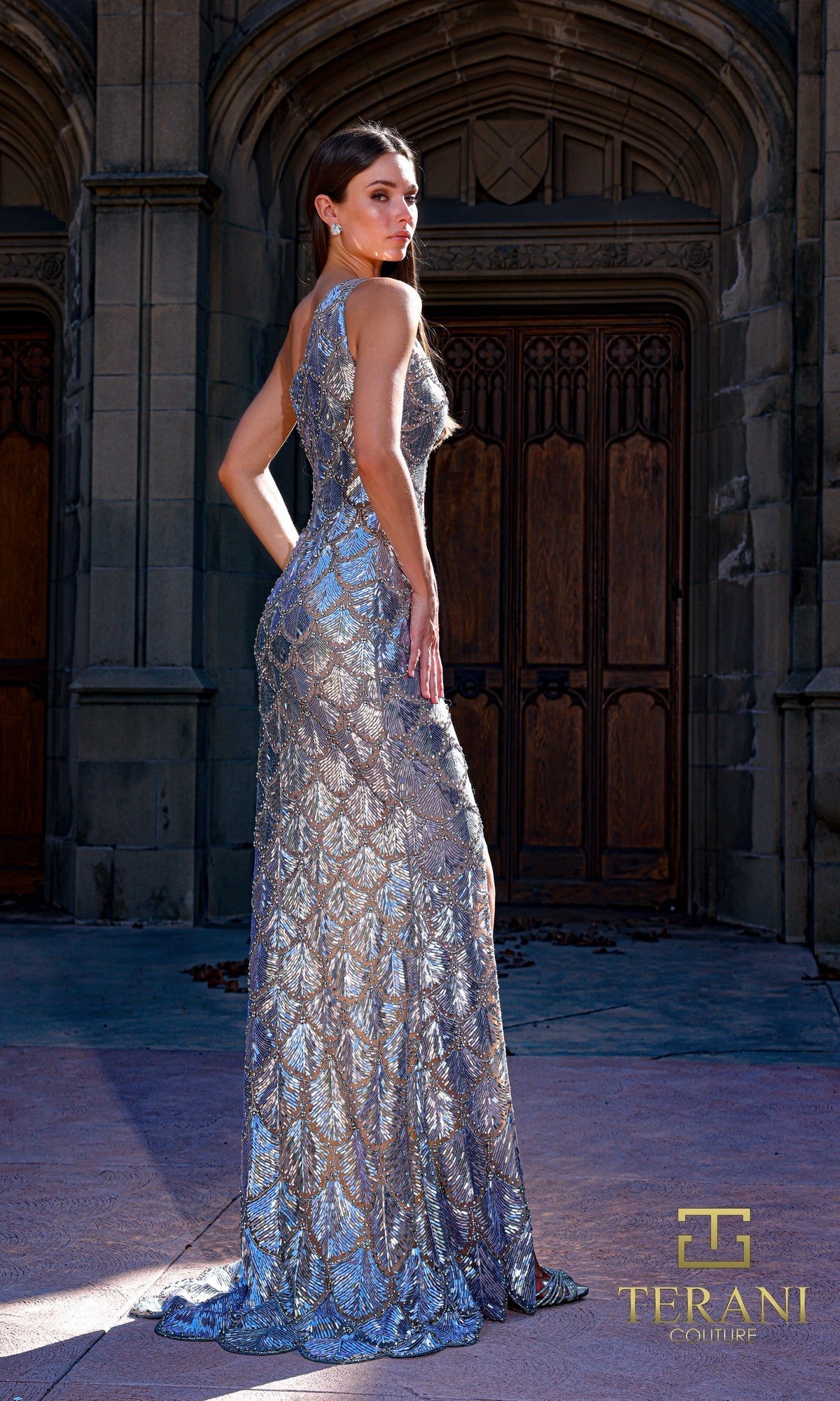 A woman poses outdoors in front of ornate wooden doors wearing the silver, floor-length beaded Long Formal Dress: Terani 261GL6356. The Terani Couture logo appears in the lower right corner.