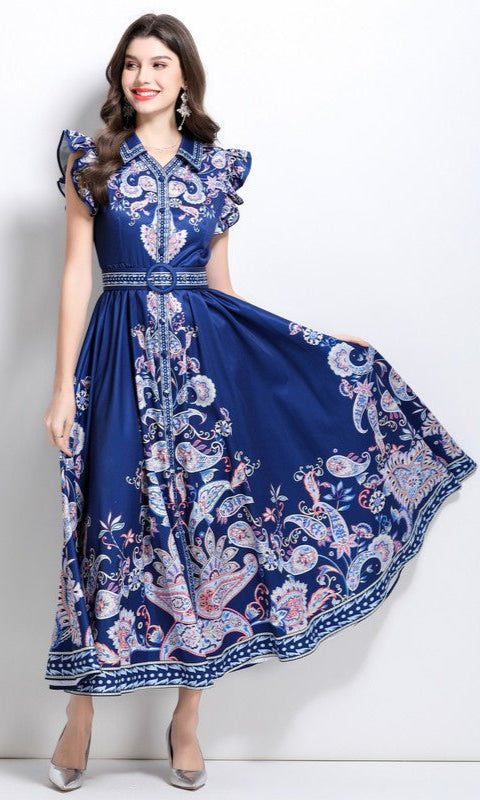 Navy Blue Paisley Print Casual Maxi Dress