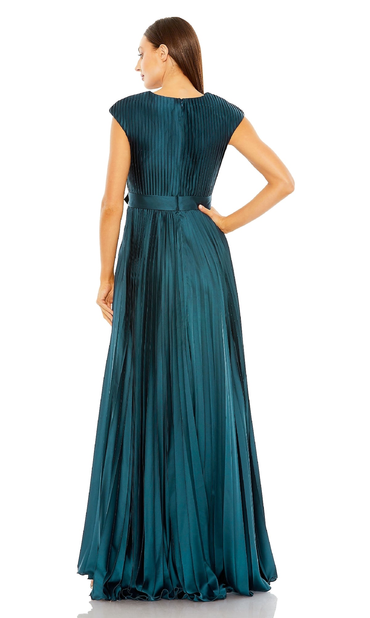 A woman stands against a white background, shown from the back, wearing the Mac Duggal 26285 V-Neck Belted Pleated Formal Dress in teal with cap sleeves—an elegant choice for any special occasion.