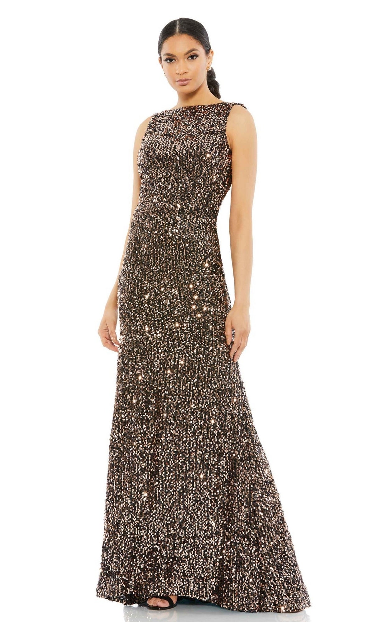 A woman poses against a white background wearing the Mac Duggal 26331 Cowl-Back Long Sequin Prom Dress—sleeveless, floor-length, and adorned with black and silver sequins.