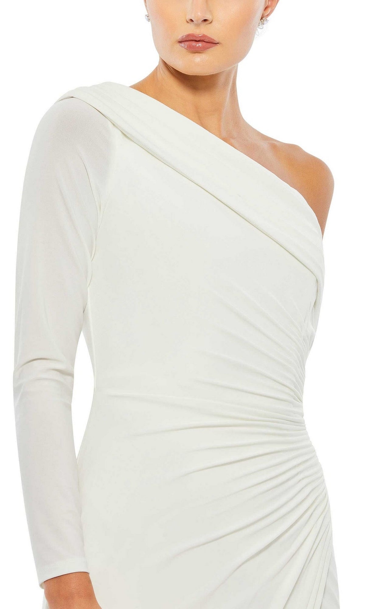 A woman models the Mac Duggal 26570 drop-shoulder long formal dress with ruched detailing and minimal accessories against a plain background.
