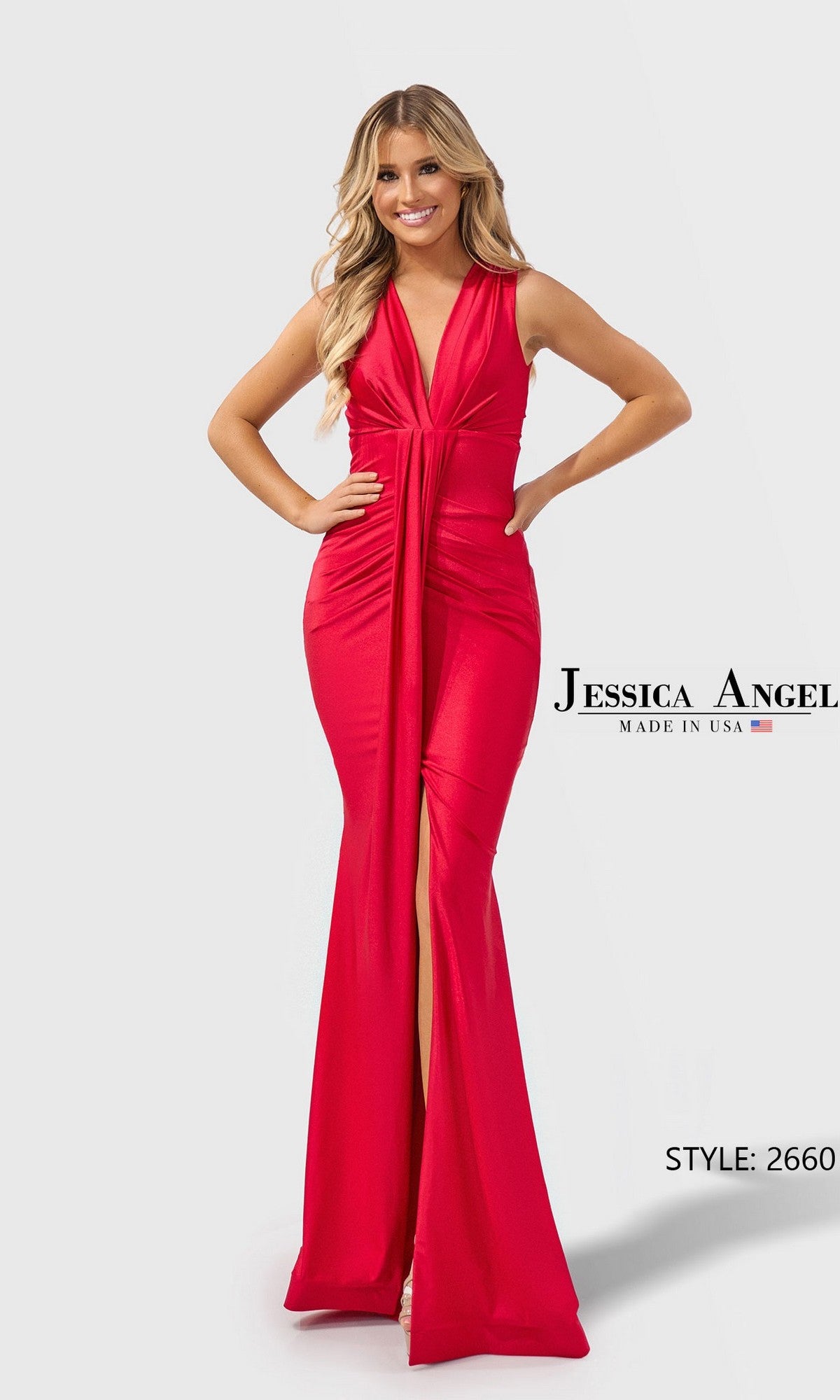 Woman in a sleeveless, floor-length red gown with deep V-neck and front slit stands against a plain light background. Text reads