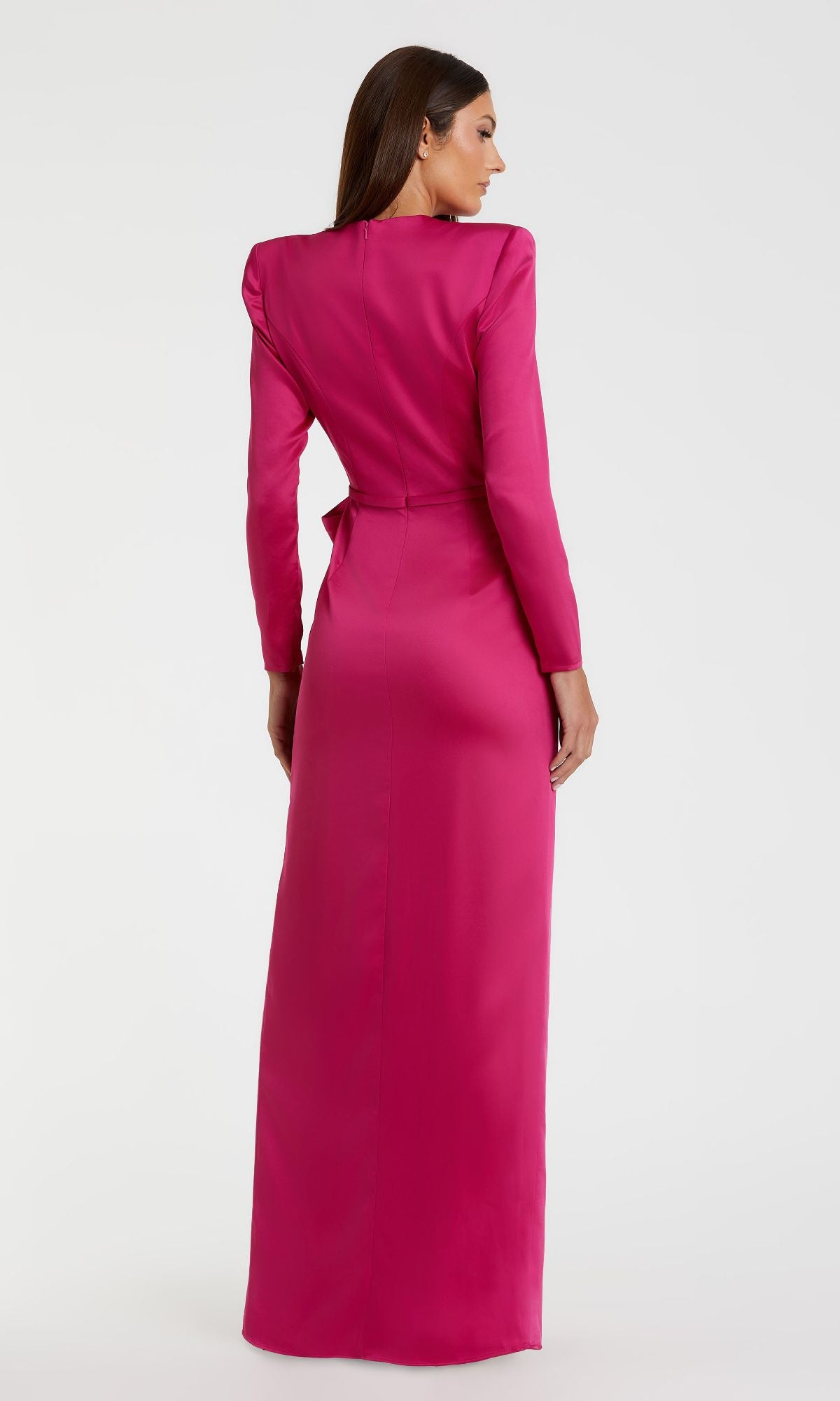 A woman models the Bold-Shoulder Long Formal Dress: Mac Duggal 26676 in magenta, shown from the back against a plain white background.