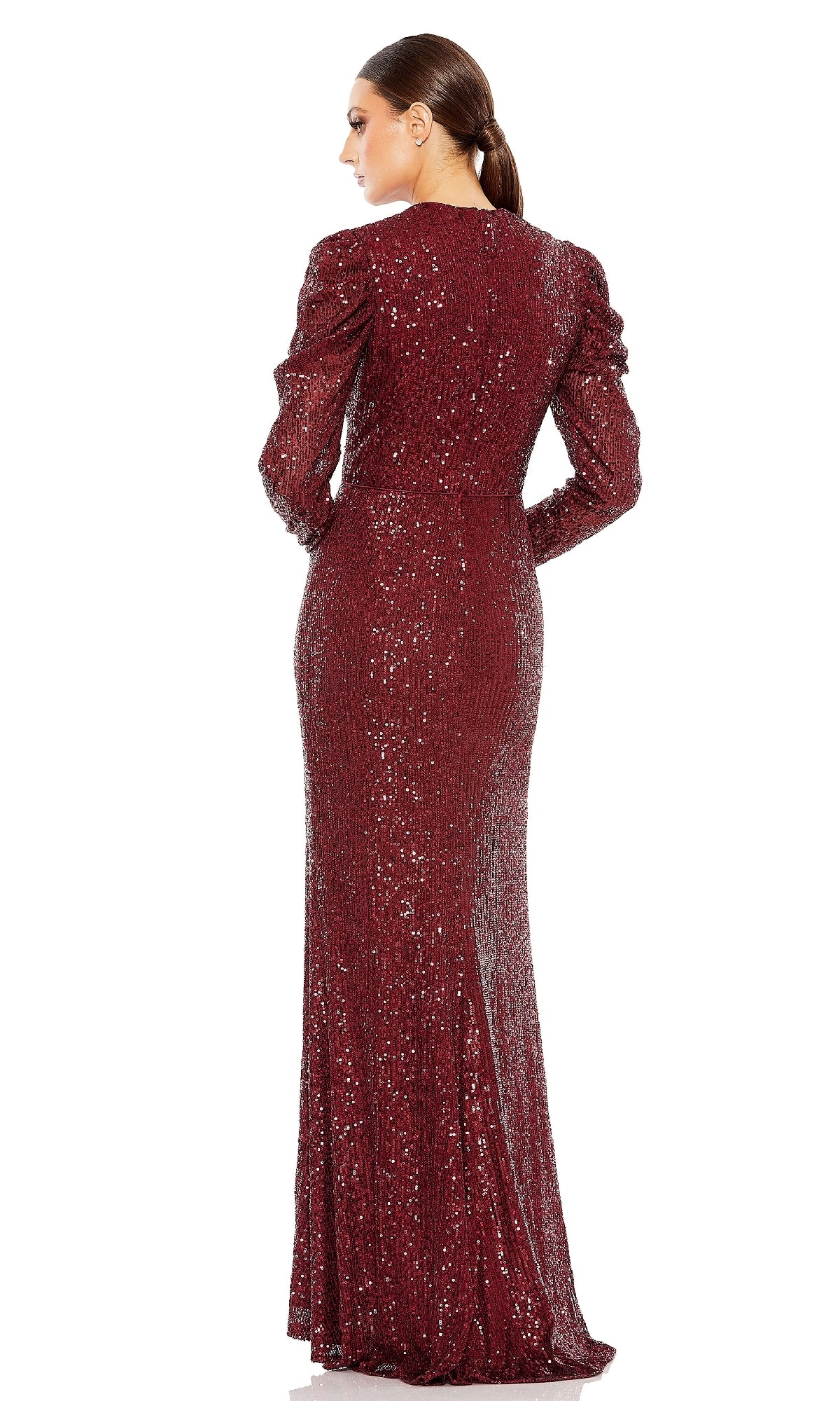 Woman in a burgundy Long-Sleeve Sequin Formal Dress: Mac Duggal 26692, floor-length with sequins, stands facing away from the camera.
