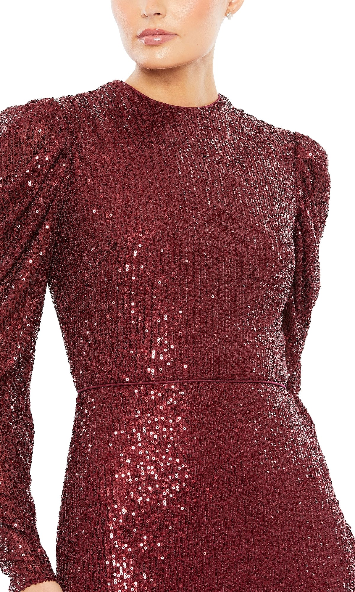 A person wearing the Mac Duggal 26692 long-sleeve, dark red sequin formal dress with a high neckline. Image is cropped at the shoulders and above the knees.