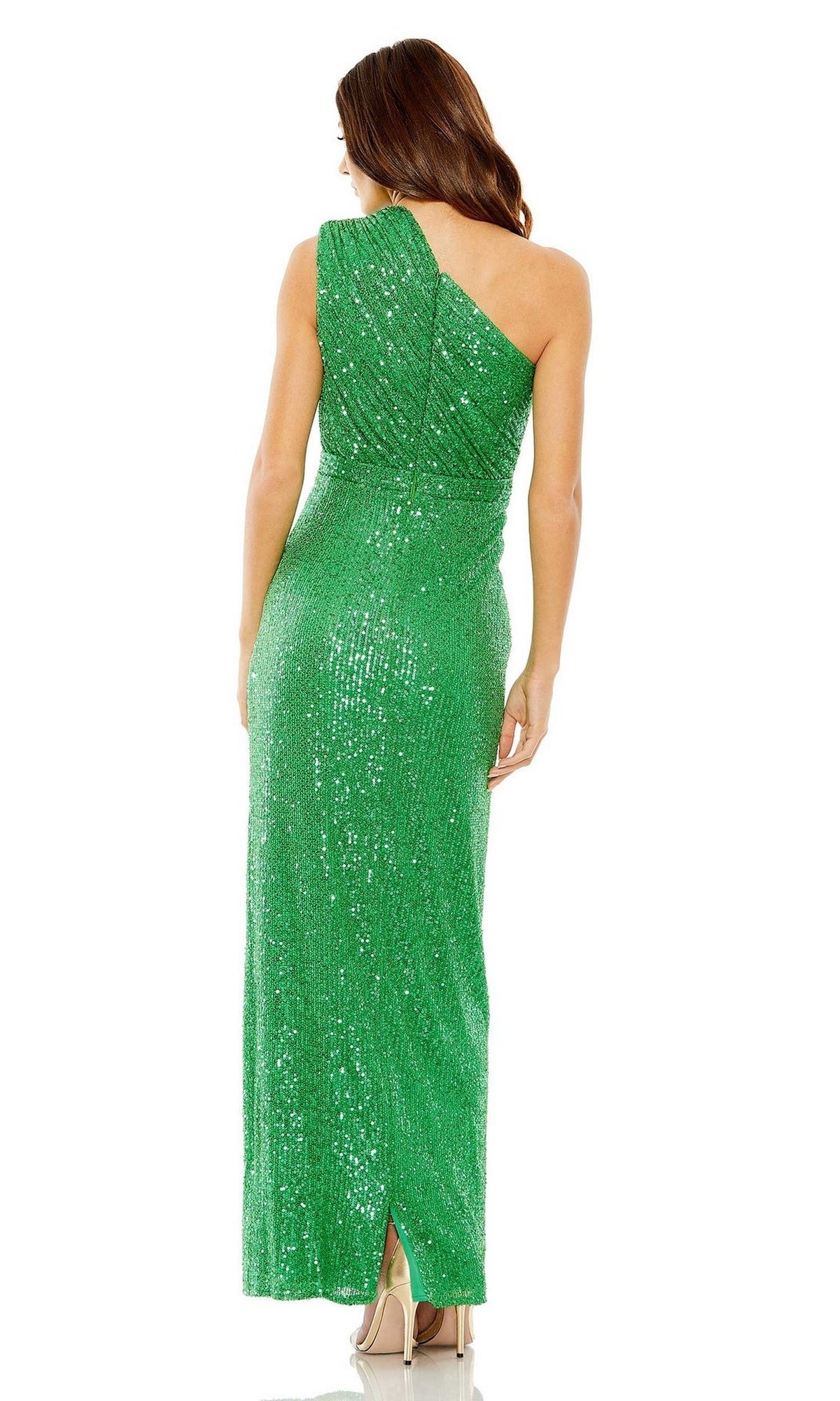 A woman models the Mac Duggal 26694, a green one-shoulder long formal dress, posing with her back to showcase the gown's fitted silhouette and center slit.