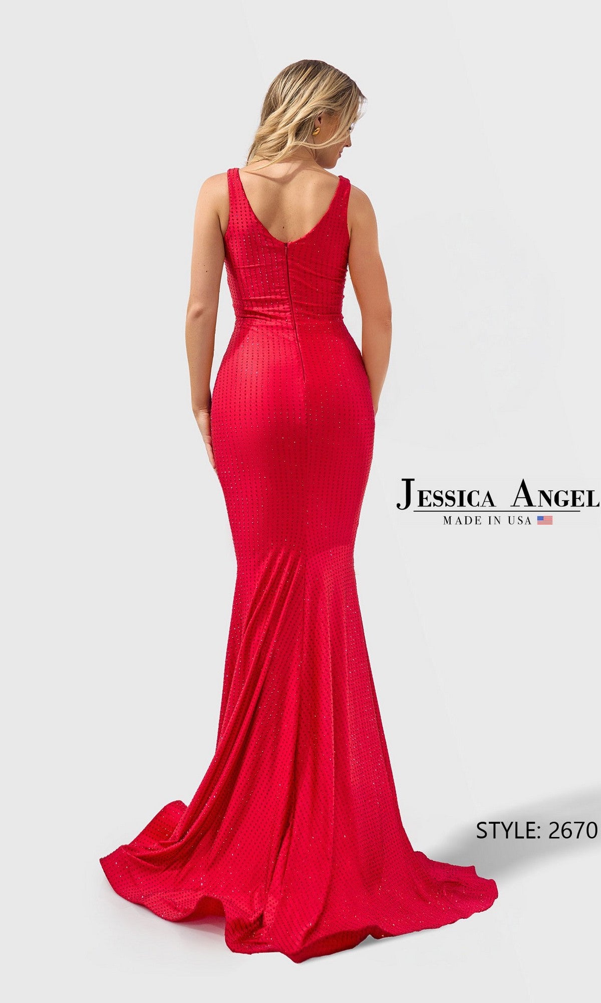 A woman in a fitted, sleeveless red Long Prom Dress: Jessica Angel 2670 with a flowing train, shown from the back. Text on the image reads