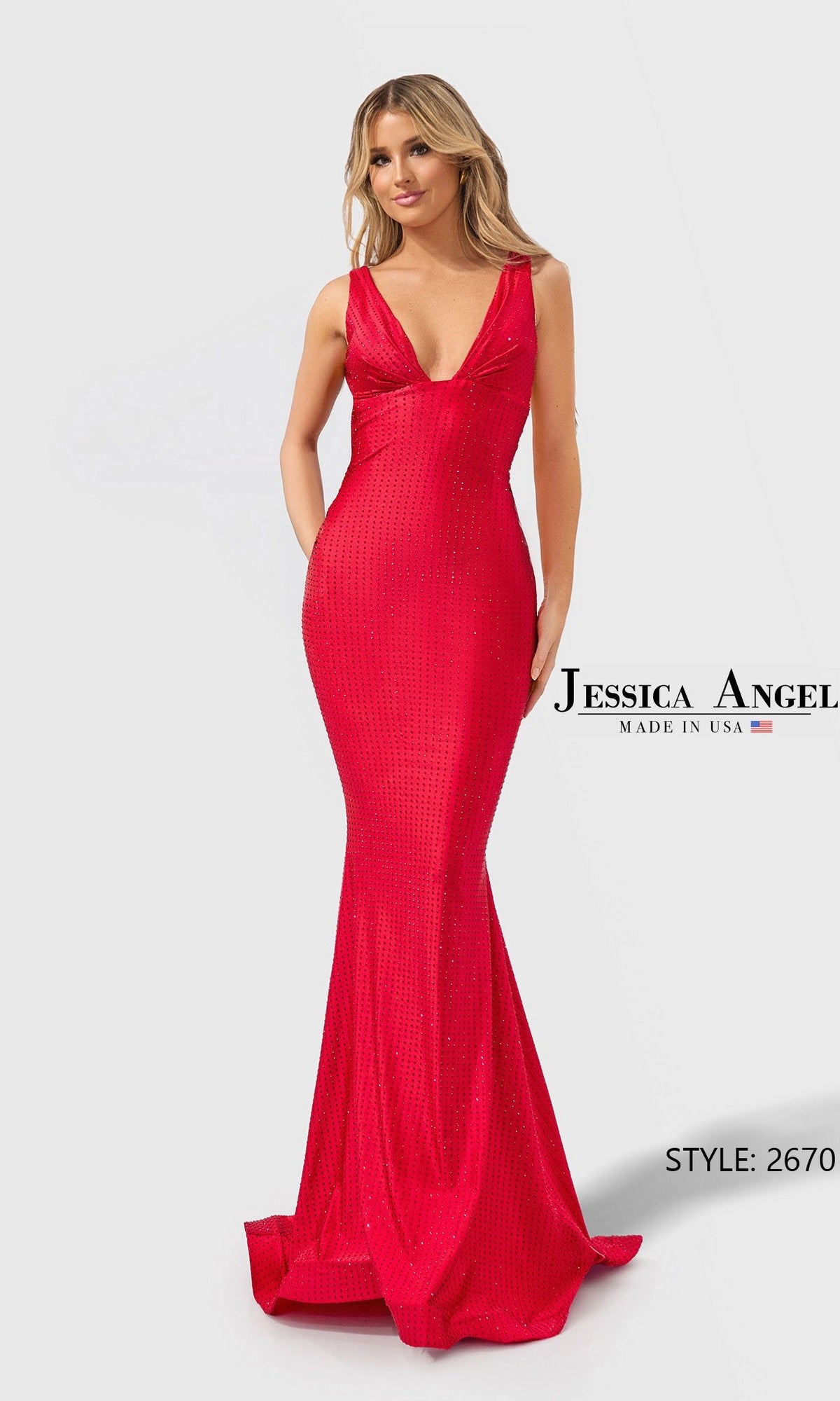A woman wears the Long Prom Dress: Jessica Angel 2670 in J Red—a sleeveless, floor-length fitted gown with a deep V-neck, capturing jersey prom dress elegance. On image: