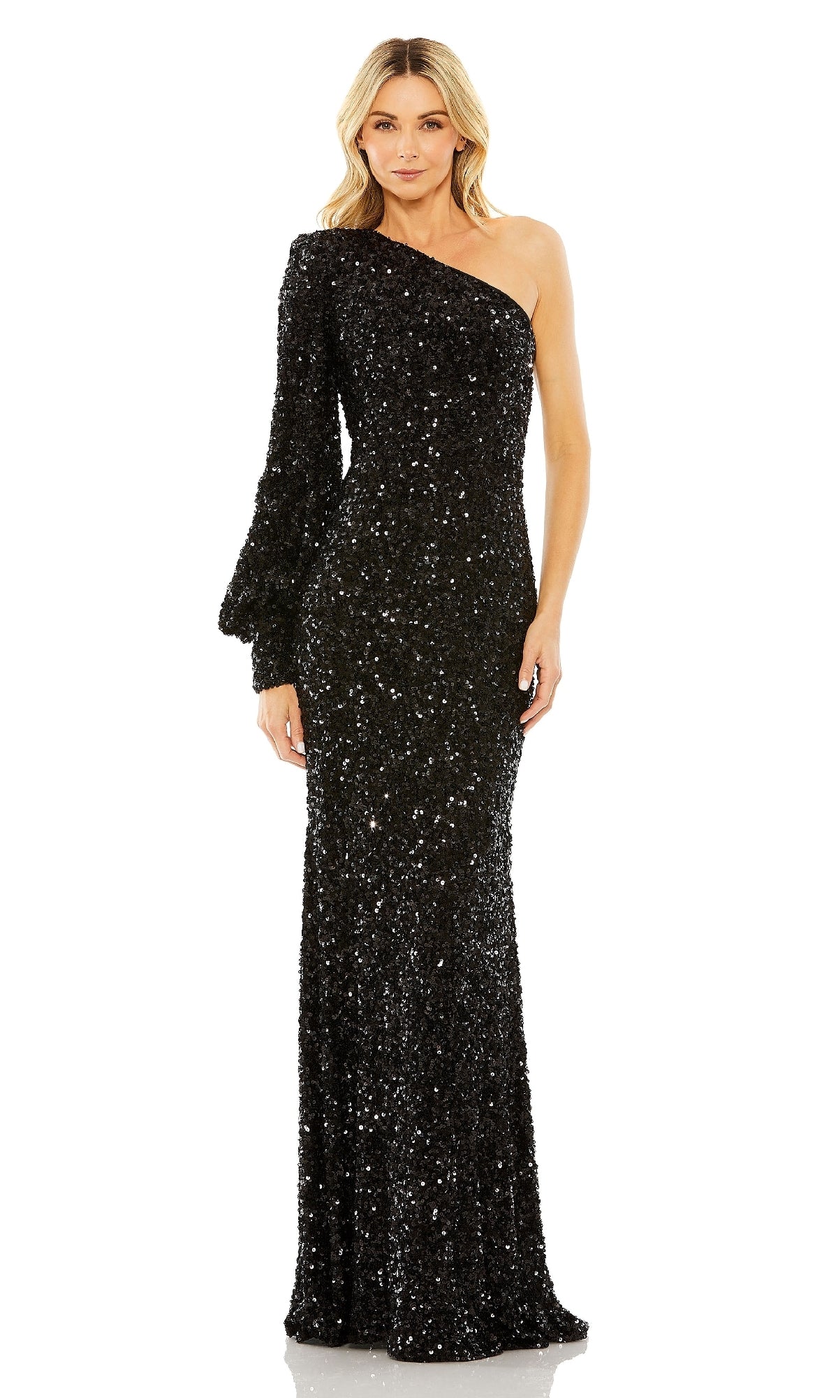A woman faces forward in the Mac Duggal 26717 One-Sleeve Sequin Formal Gown—a full-length black evening dress with a single long sleeve—making it an elegant pick for any special occasion.